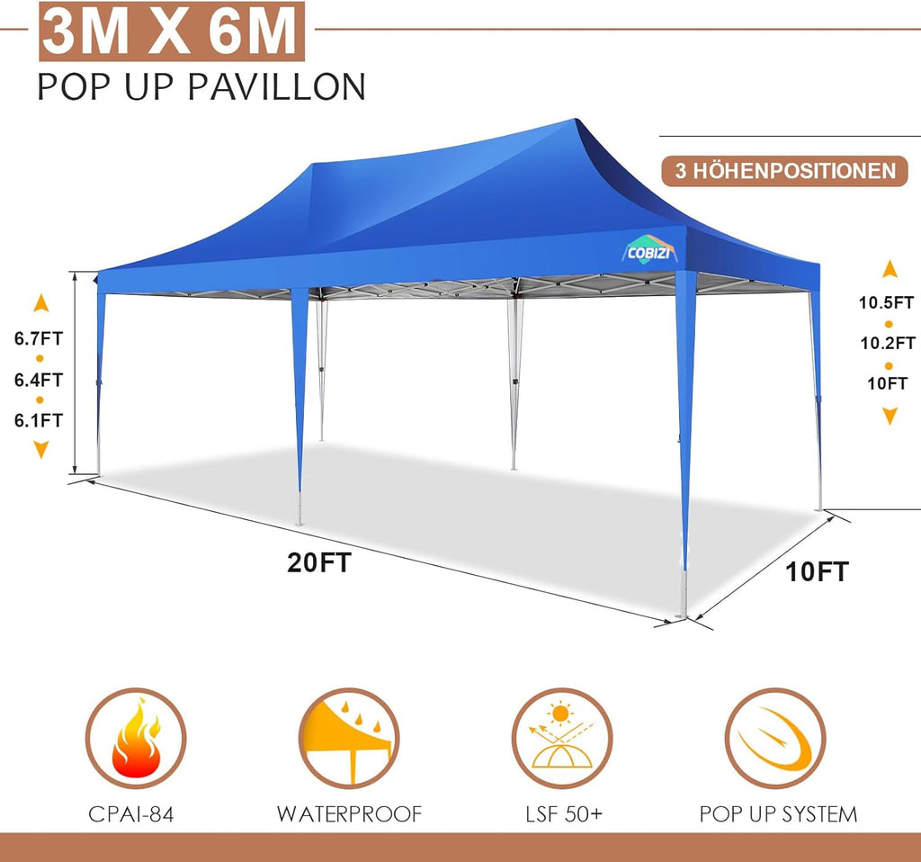 COBIZI Gazebo Pieghevole 3x6 Impermeabile Stabile con 6 Pareti Laterali, Tenda a Padiglione con Tetto a Punta, 3 Altezze Regolabili, Protezione UV, Borsa per Il Trasporto, Picchetti, Corde per Giardino, Matrimoni, Mercati, Eventi all'Aperto