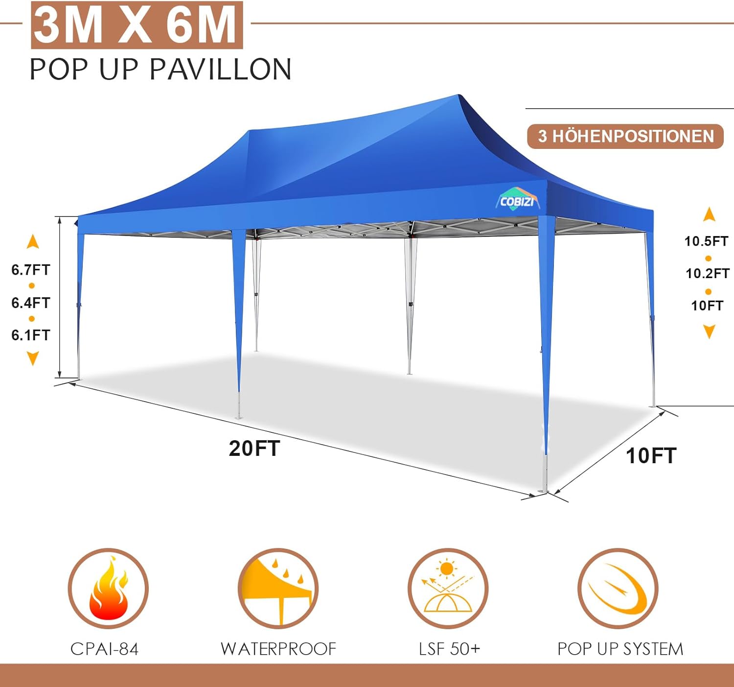 COBIZI Gazebo 3x6 Pieghevole Impermeabile Stabile con 6 Pareti Laterali a Cono Tenda per Feste 3 Altezze Regolabili Protezione UV Borsa per il Trasporto Picchetti, Corde per Giardino, Matrimoni, Mercati, Eventi all'Aperto