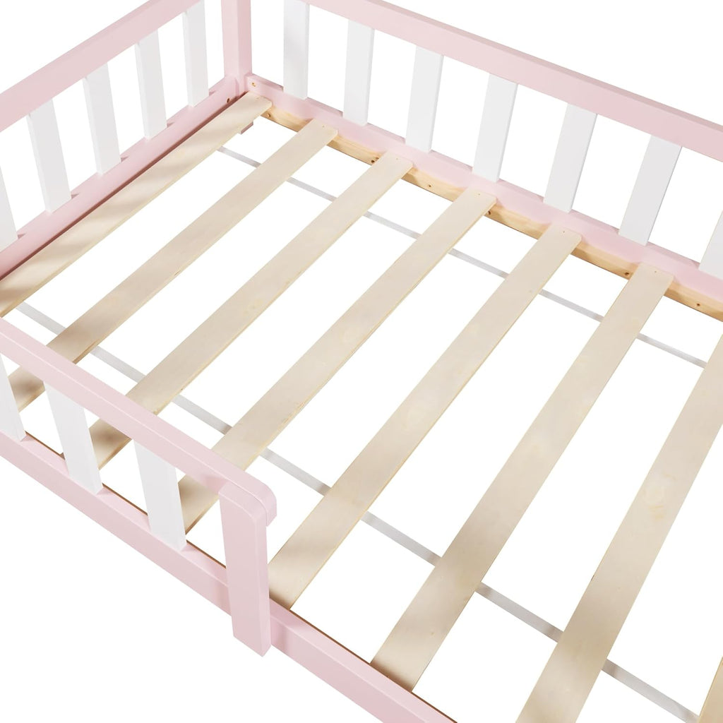 [en.casa] Letto per bambini Sisimiut a capanna 80 x 160 cm con protezione anticaduta letto in legno per bambini letto a terra rete a doghe in legno di pino Bianco opaco