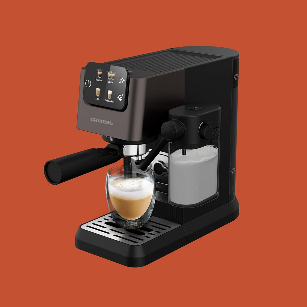 GRUNDIG KSM 5330 Macchina da caffè con portafiltro e contenitore per il latte integrato, 1628 W di potenza, 15 bar di pressione della pompa, ugello doppio, display touch a colori, BrewSense, CreamyPro, Inox scuro/Nero