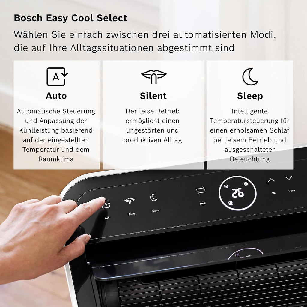 Bosch Cool 4000 Climatizzatore Mobile - 3-in-1: Climatizzatore, Deumidificatore, Ventilatore - 2,6 kW per ambienti fino a 35m² - Con modalità automatica, silenziosa e notturna