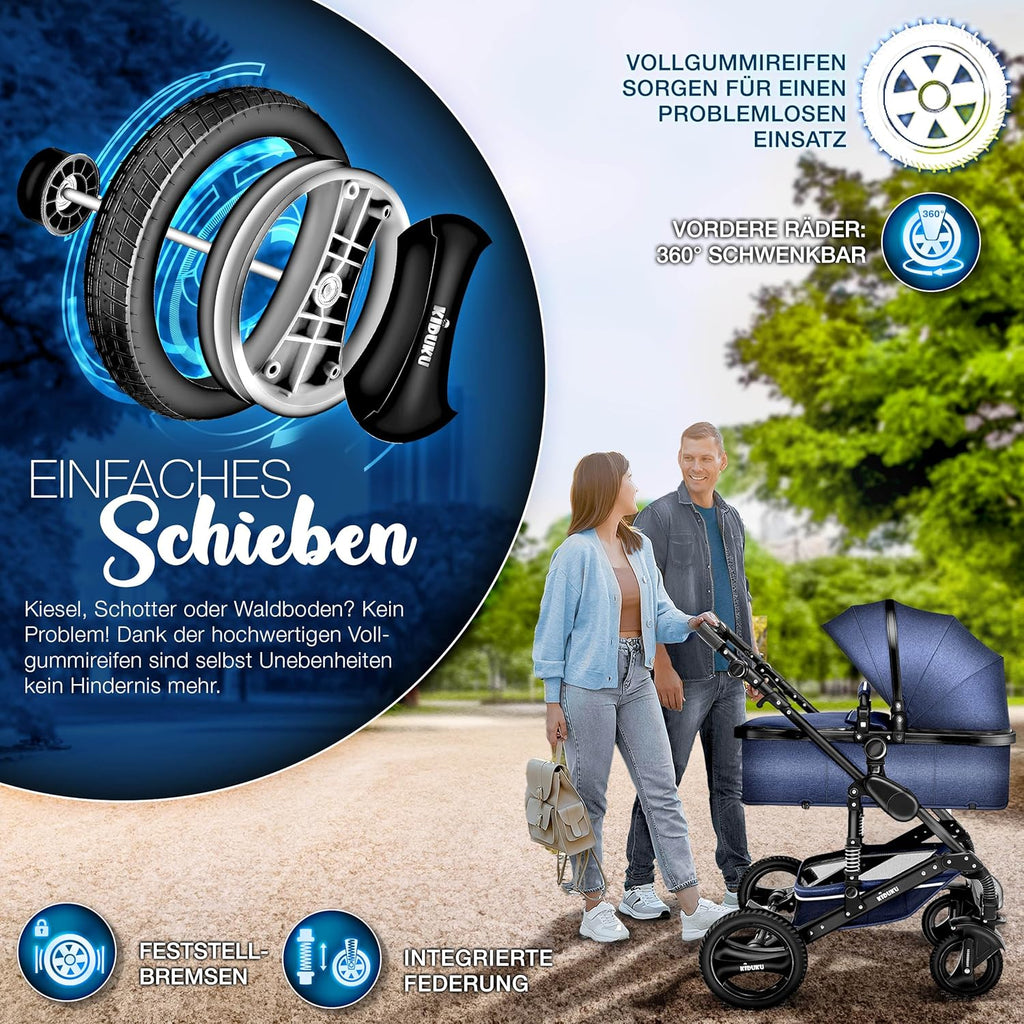 KIDUKU® Set completo passeggino 3 in 1 | Set passeggino combinato con navicella e sedile sportivo passeggino e seggiolino auto ovetto sacco a pelo | Ruote in gomma piena borsa per il cambio scaldamani parapioggia tavolino ECE R129