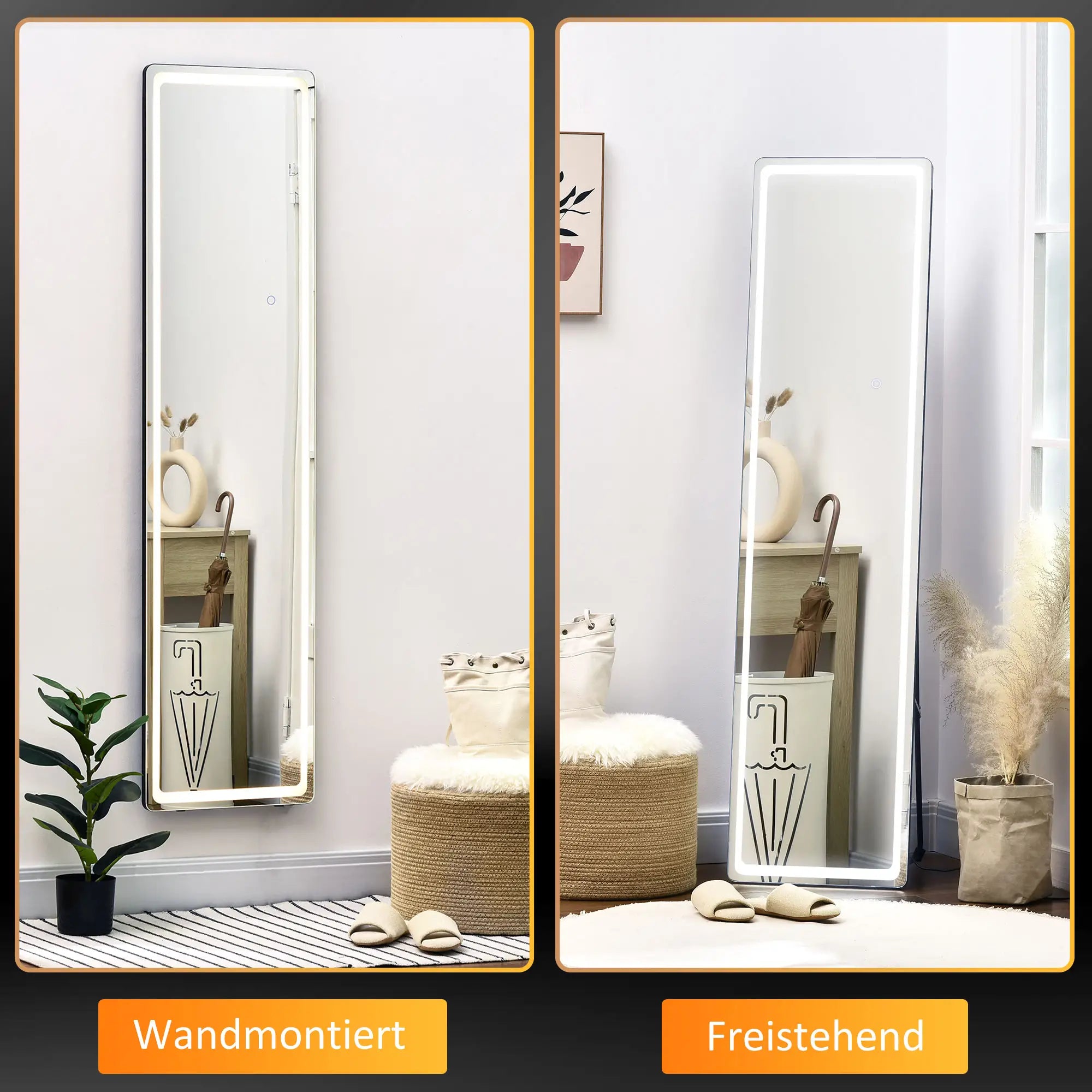 HOMCOM Specchio a figura intera a LED dimmerabile, 3 colori di luce, autoportante/a parete