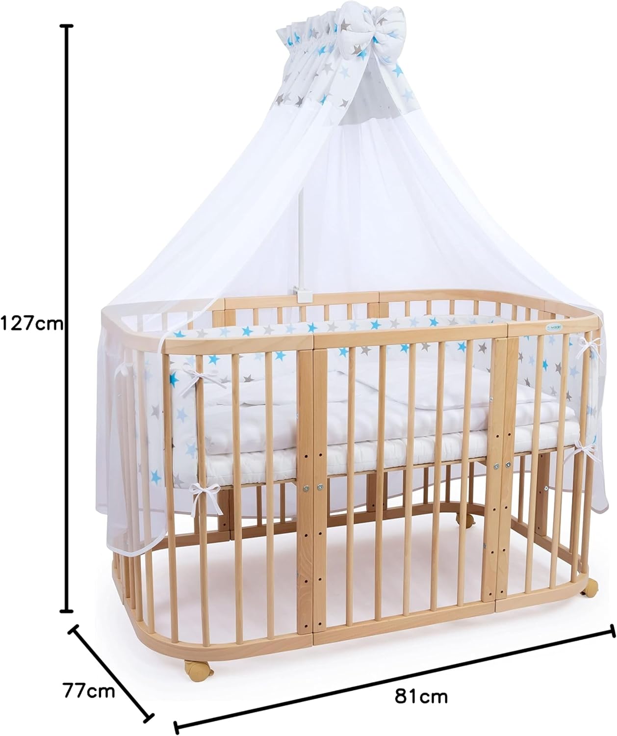 Waldin Lettino per bambini in legno 7in1 con materasso, Letto "Cresci con me", Ventilato, Base regolabile in 5 altezze, Set All-Inclusive, Legno Bianco