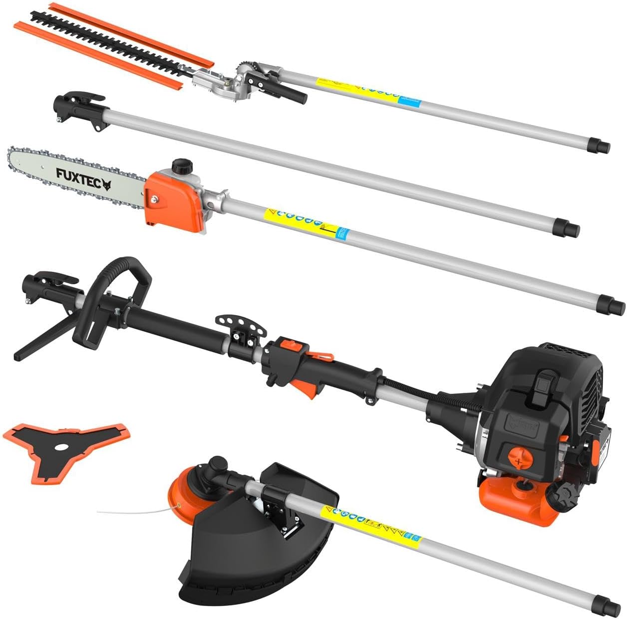 FUXTEC Decespugliatore a scoppio FX-MT152E Multitool 5in1, 52 cc, imbracatura professionale e prolunga da 1m inclusa, 3 CV, combinato tagliasiepi, potatore ad asta, sistema combinato, decespugliatore fs 2 tempi test di classe superiore 1,4