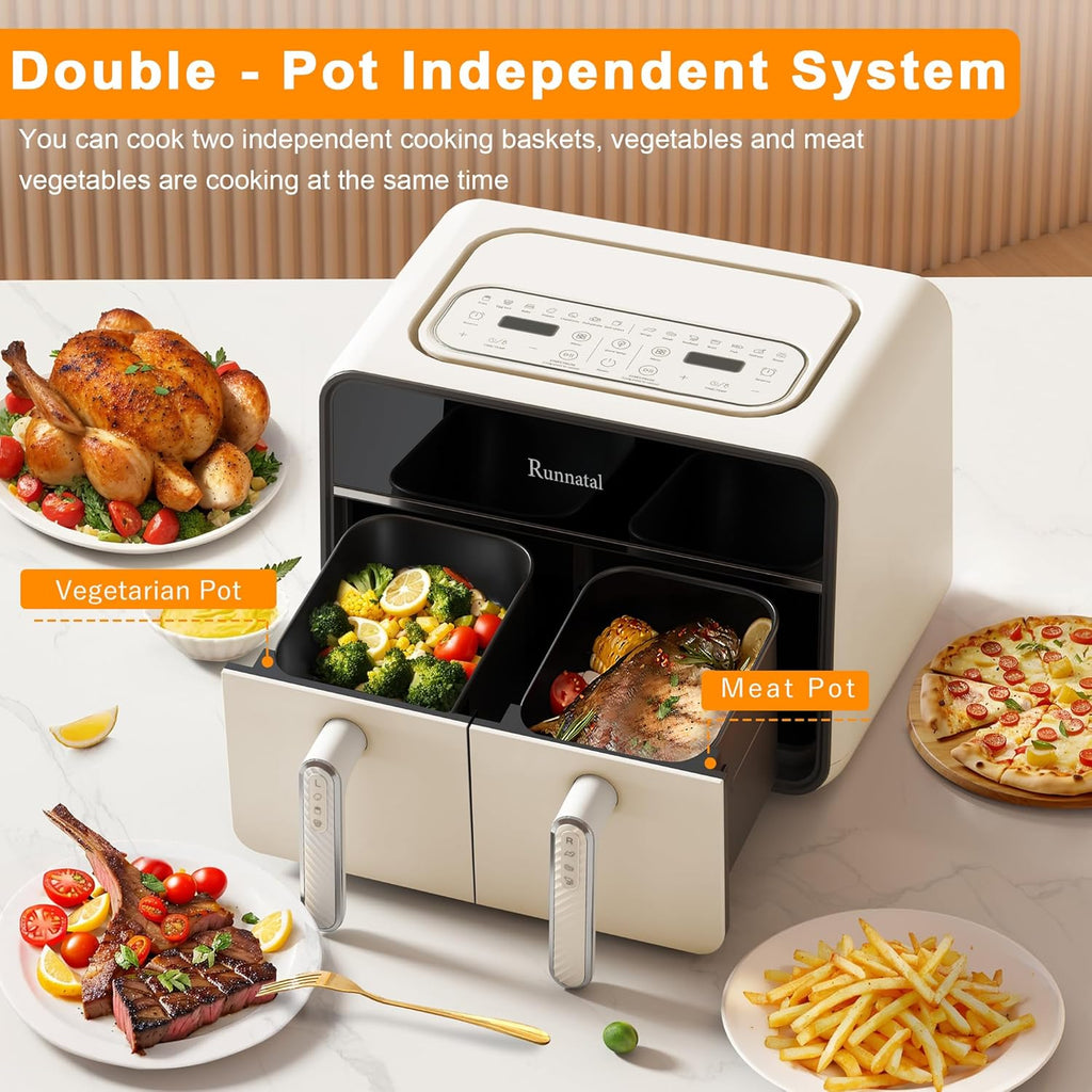 Runnatal Dual Zone Heißluftfritteuse mit Sichtfenster, 8L Airfryer, 2100W, 2 Fächer, 14-in-1 Doppelkammer Heißluftfritteuse Mit Vegetarier und Fleischtöpfen, 2 kammern Airfryer, Antihaftbeschichtung