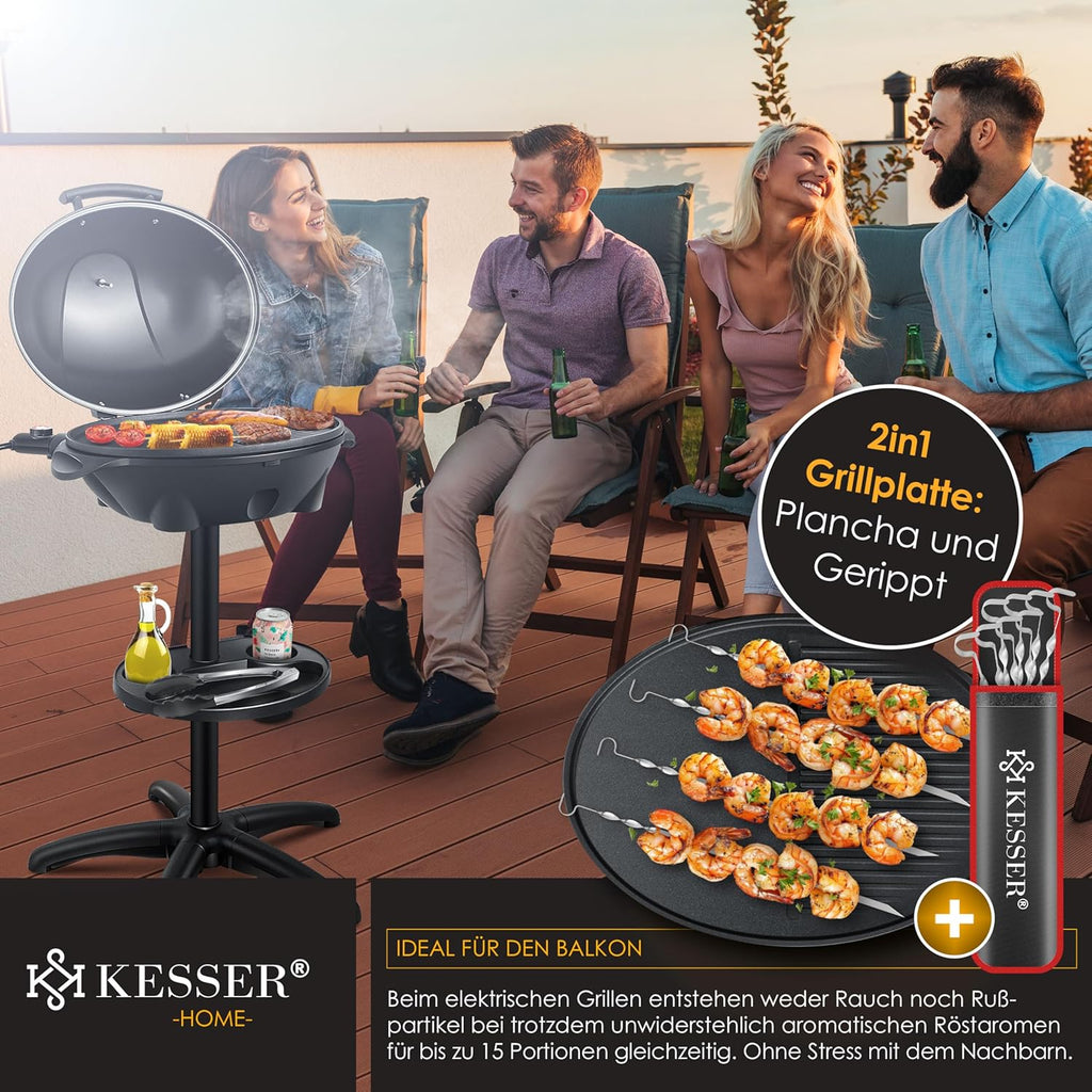 KESSER® Barbecue elettrico 2 in 1 da tavolo e da terra con coperchio, base, termometro max. 2400 Watt, piastra antiaderente XXL, ripiano, barbecue elettrico a colonna, set per barbecue incluso