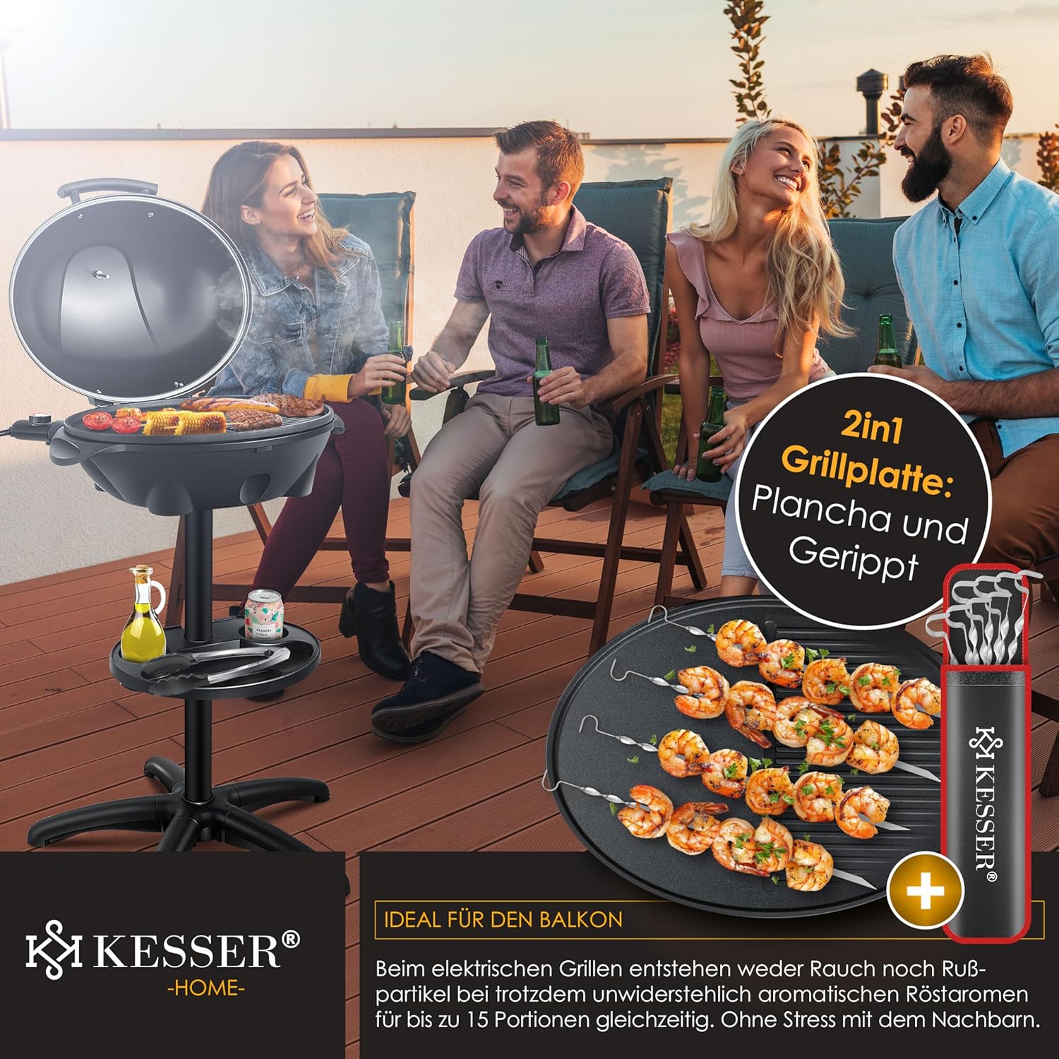 KESSER® Barbecue elettrico 2 in 1 da tavolo e da terra con coperchio, base, termometro max. 2400 Watt, piastra antiaderente XXL, ripiano, barbecue elettrico a colonna, set per barbecue incluso