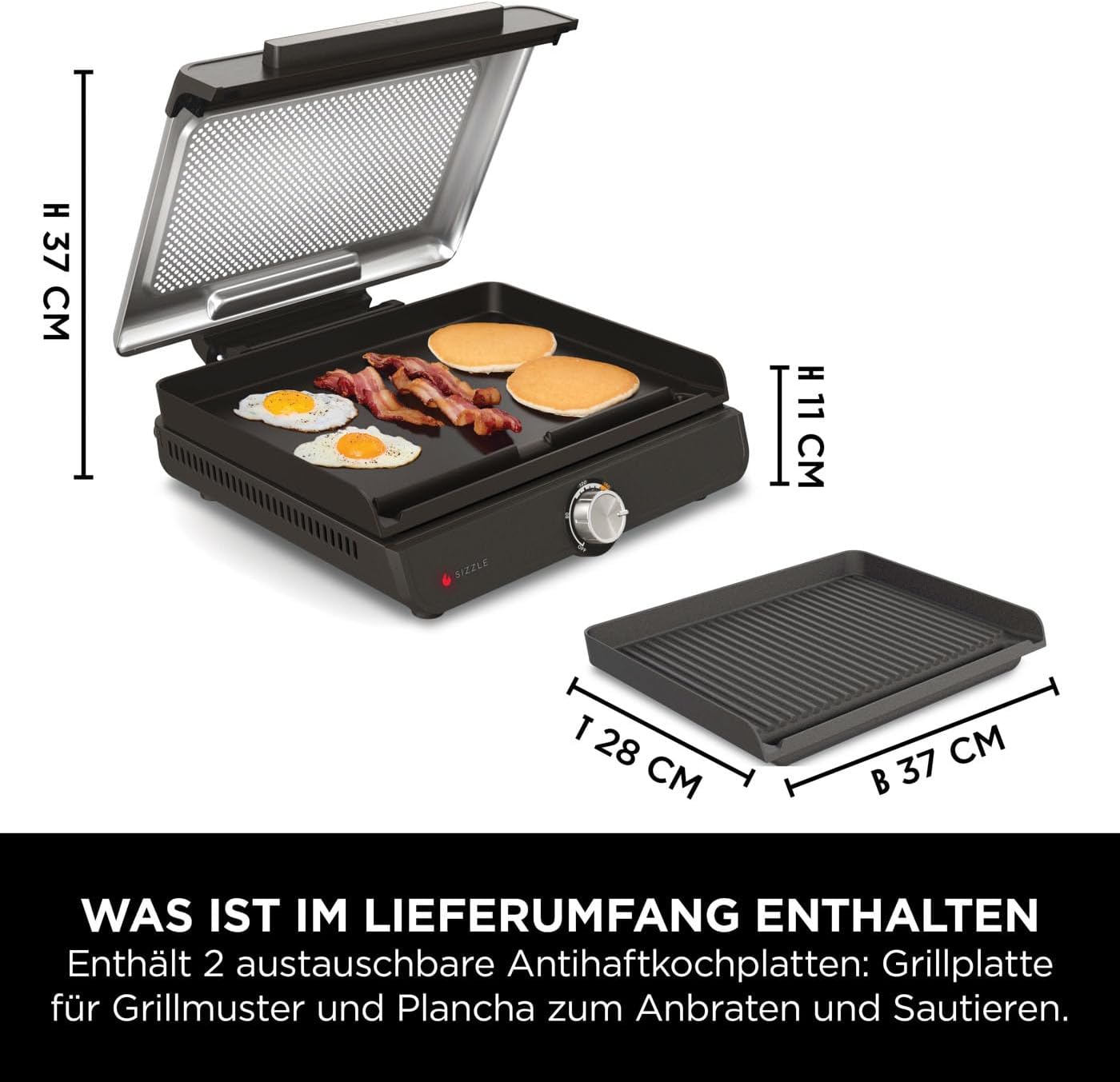 Ninja Sizzle Elektrogrill Indoor & Plancha (Flat Grill Plate) mit Antihaft-Grillplatte, abnehmbarer & spülmaschinenfester Deckel, Fettauffangbehälter, Temperaturregler & Rezeptbuch, Grau GR101EU