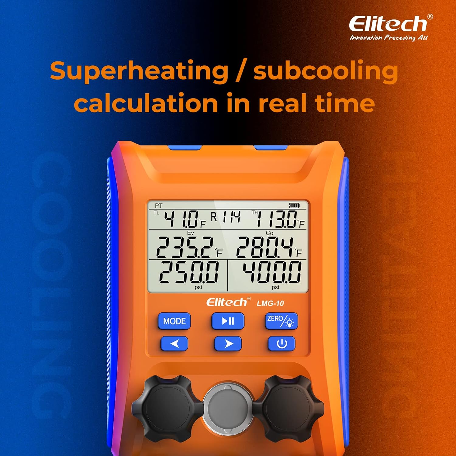 Elitech Kältetechnik Manometro Digitale Collettore di Ricarica, Set Manometrico Digitale ad Alta Precisione Tester Perdite di Pressione Temperatura Vuoto per Frigoriferi LMG-10