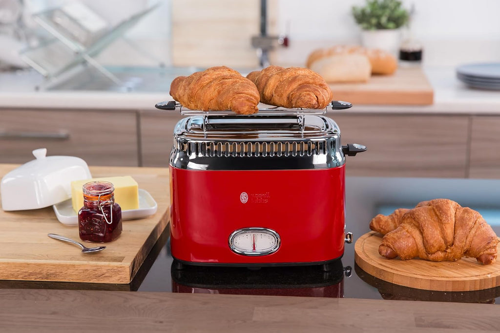 Russell Hobbs Tostapane [a 2 Fette] Retro Acciaio Inossidabile Rosso (Display Countdown in design retrò, incluso accessorio per panini, 6 livelli di doratura + funzione scongelamento e riscaldamento, 1300W) Vintage 21680-56