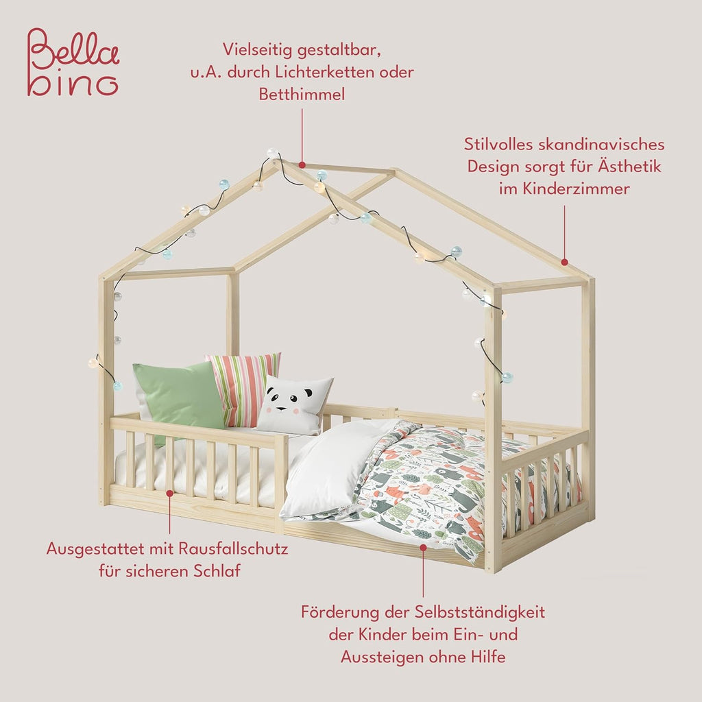 Bellabino Lettino per bambini Bia 140x200 cm, letto a capanna per bambini con protezione anticaduta e rete a doghe arrotolabile, letto a terra Montessori bianco in legno massello di pino