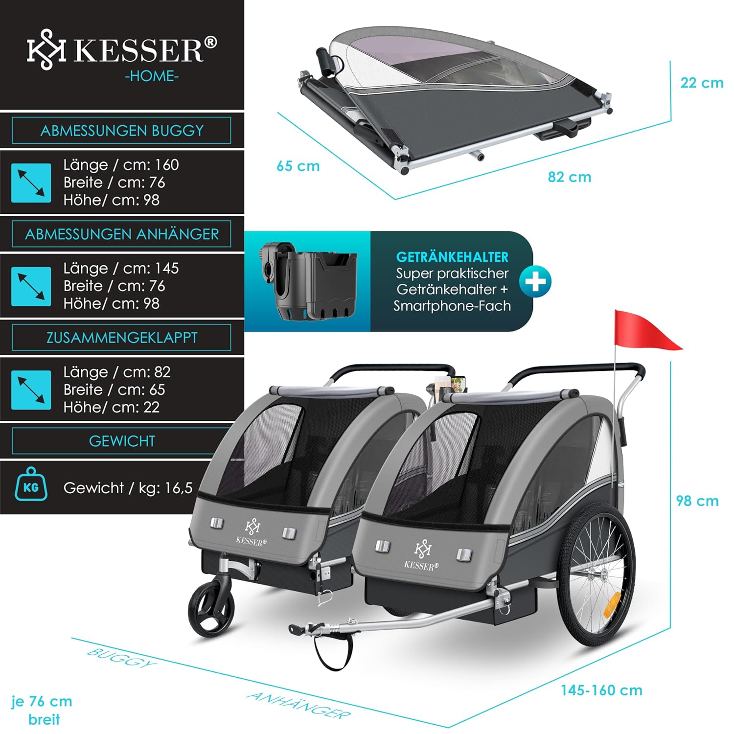 KESSER® Kinderfahrradanhänger Sport-RX 2in1 Jogger & Buggy 5-Punkt-Gurt Sicherheitsgurt 360° Vorderrad Kinderfahrradanhänger Reflektoren für 1-2 Kinder (max. 40 kg) Getränkehalter & Smartphonefach