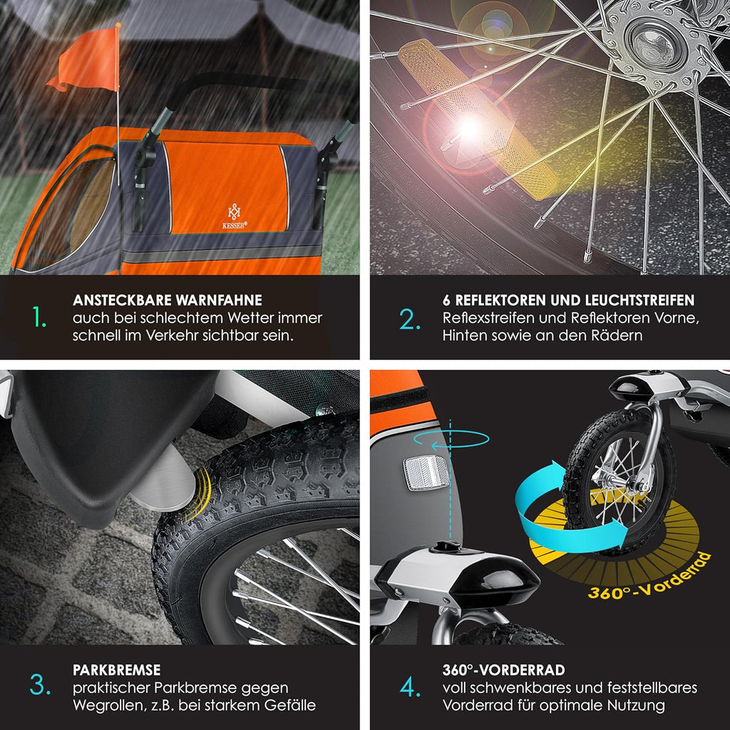 KESSER® Kinderanhänger Fahrradanhänger 360° Drehbar mit Federung 2in1 Joggerfunktion Kinderfahrradanhänger + 5-Punkt Gurt Jogger Fahrrad Anhänger für 1 bis 2 Kinder max. 40kg Inkl. Warnfahne, Schwarz