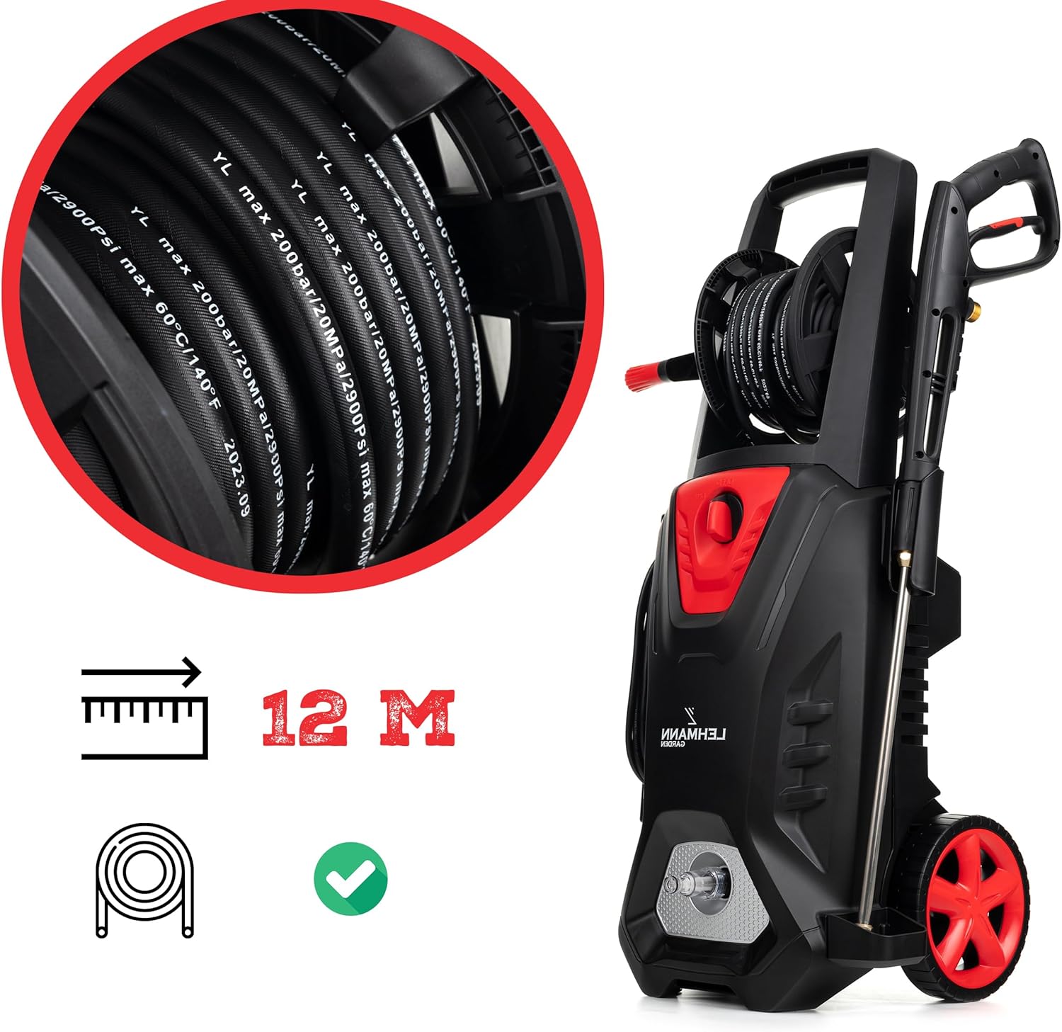 Lehmann LGAPW-3019 Idropulitrice Professionale con Motore a Induzione, 3000 W, Funzione di Aspirazione, Portata 492 l/h, Tubo da 12 Metri, Pulitore per Superfici Compatto con Serbatoio Detergente e Accessori