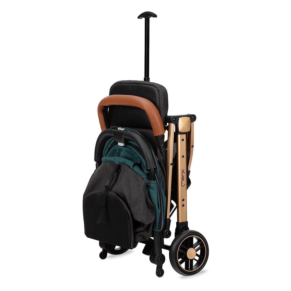 MOMI ESTELLE Kinderwagen für Kinder ab 6 Monat bis zu max körpergewicht von 15 kg, klappbar auf die Maße 65 x 51 x 21 cm, gewicht 7,5 kg, 5-Punkt-Sicherheitsgurt, koffer, grau-gold, Räder 6''/6,5''
