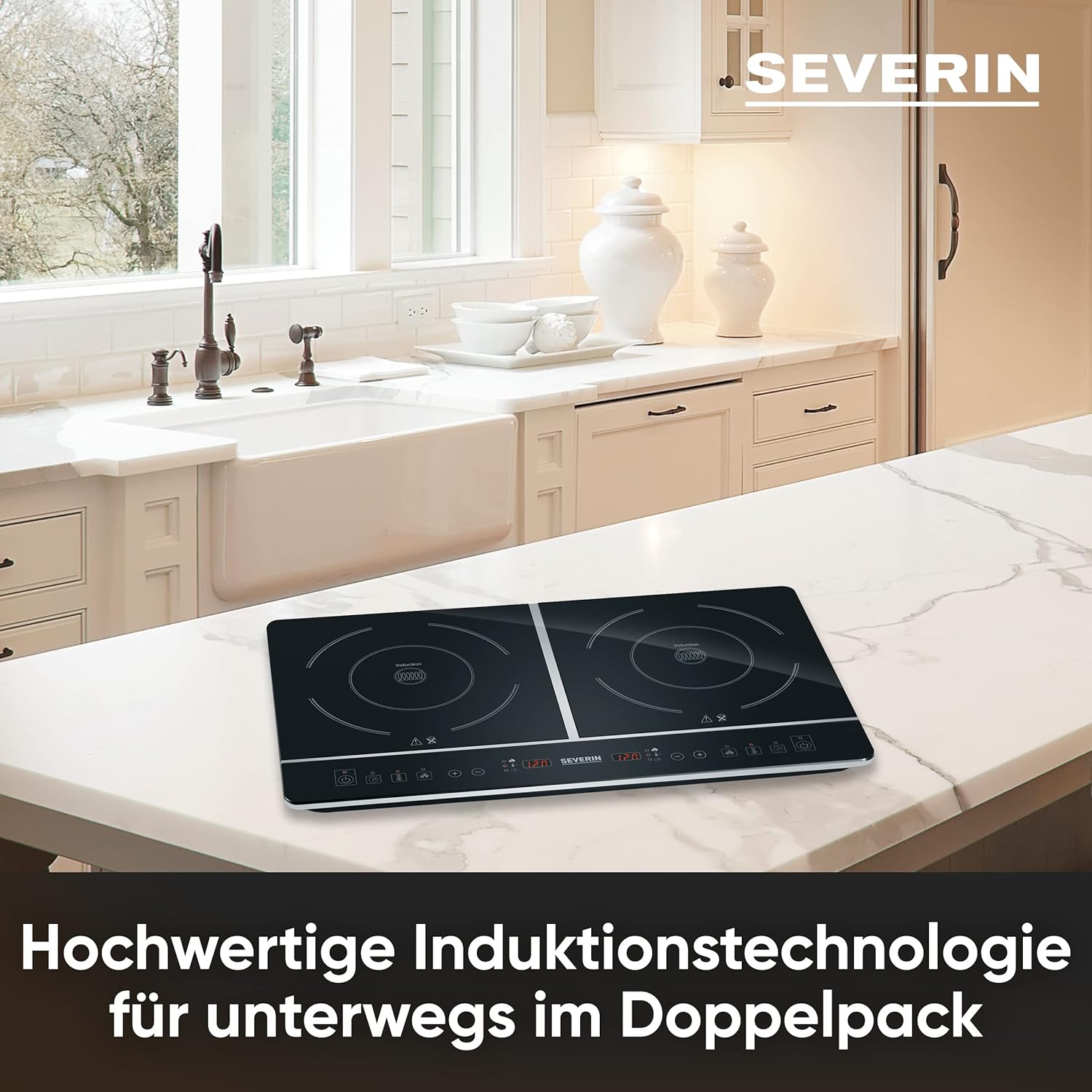 SEVERIN Doppio Fornello a Induzione per Cucina, Ufficio o Campeggio, Piastra di Alta Qualità, Fornello da Campeggio per Due Pentole, nero, 3.400 W, DK 1031