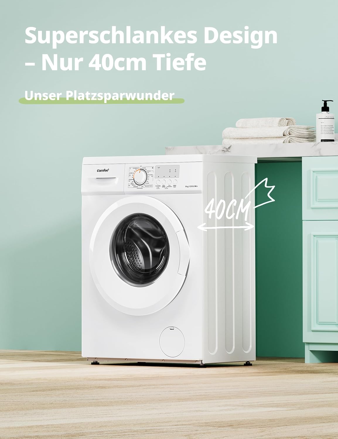Lavatrice Comfee CFEW60-124 / 6KG / Slim Line / D / 1200 giri/min / Pulizia cestello / Lavaggio rapido 15min-30min-45min / Bianco