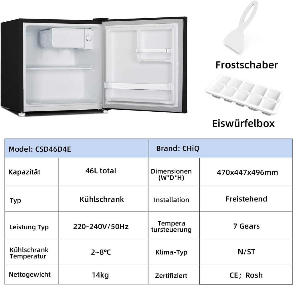 CHIQ Mini Bar Fridge 46 L, Mini Fridge, 49.6 x 47.4 x 44.7 cm (H x W x D), E Energy Consumption 80 kWh per Year, Very Quiet 39 dB