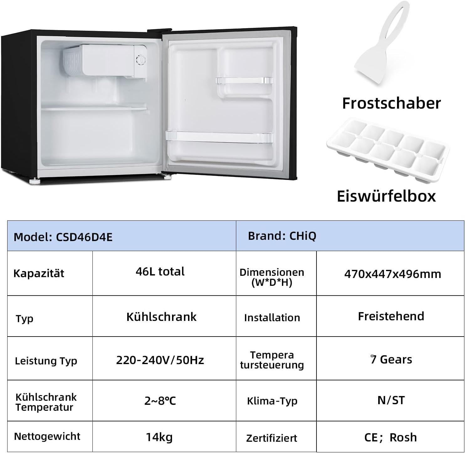 CHIQ Mini Bar Fridge 46 L, Mini Fridge, 49.6 x 47.4 x 44.7 cm (H x W x D), E Energy Consumption 80 kWh per Year, Very Quiet 39 dB