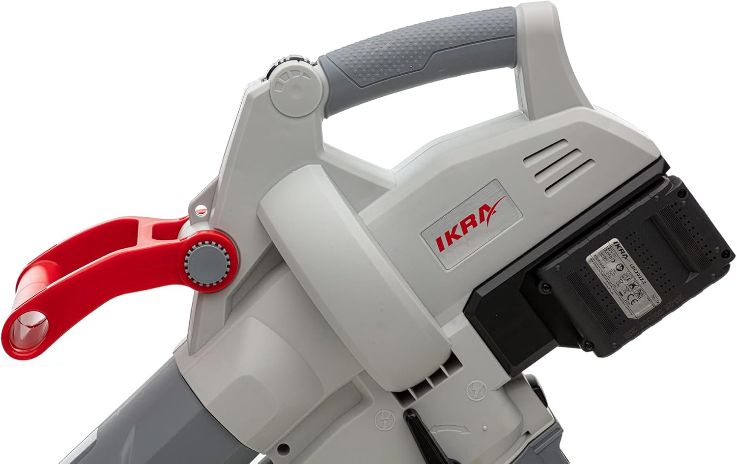 IKRA 74003200 Batteria Soffiatore Aspiratore Trituratore 3in1 ICBV 2/20 incl. 2 batterie e caricatore doppio rapido, 40 V, Grigio/Rosso