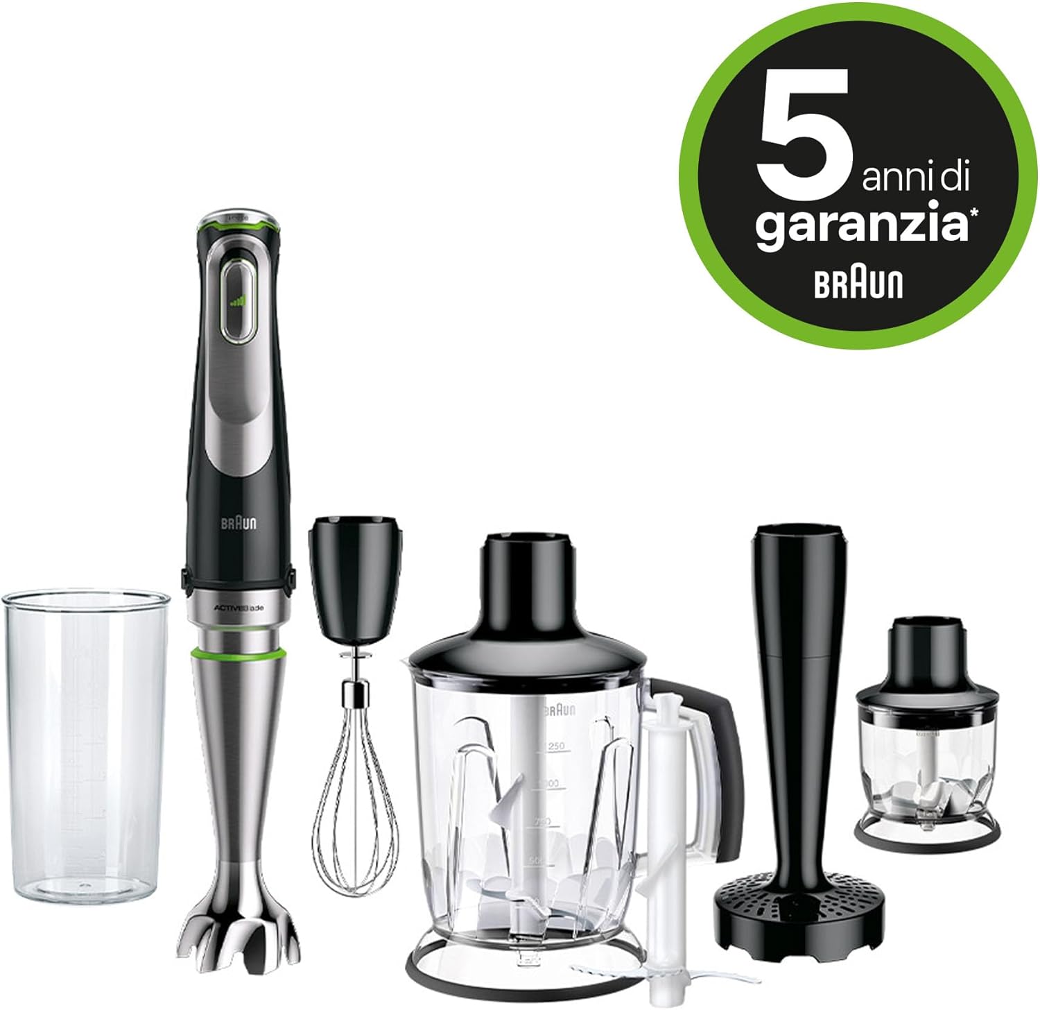 Braun MultiQuick 9 MQ 9187XLI Frullatore a immersione – Frullatore a immersione con tecnologia Active PowerDrive e 5 accessori per tritare, pestare, frullare e tritaghiaccio, 1200 Watt, nero/acciaio inox
