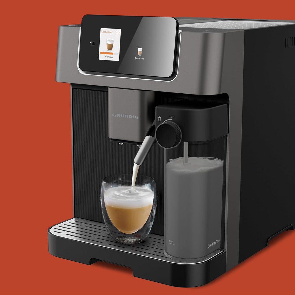 GRUNDIG KVA 7230 Kaffeevollautomat, Kaffeemaschine, 10 Kaffeespezialitäten, 13 Mahlgrade, Milchbehälter, leistungsstark 1350 W, 19 Bar Pumpendruck, Zweifachdüse, Beleuchtung, Schwarz/Dunkelsilber