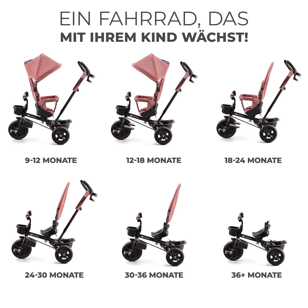 Kinderkraft AVEO Dreirad ab 9 Monate bis 25 kg, Kinderdreirad mit schubstange, Kompakte zusammenklappen, drehbarer Sitz, ausklappbarem Verdeck mit sonnenschutz, Getränkehalter korb im set, Rosa