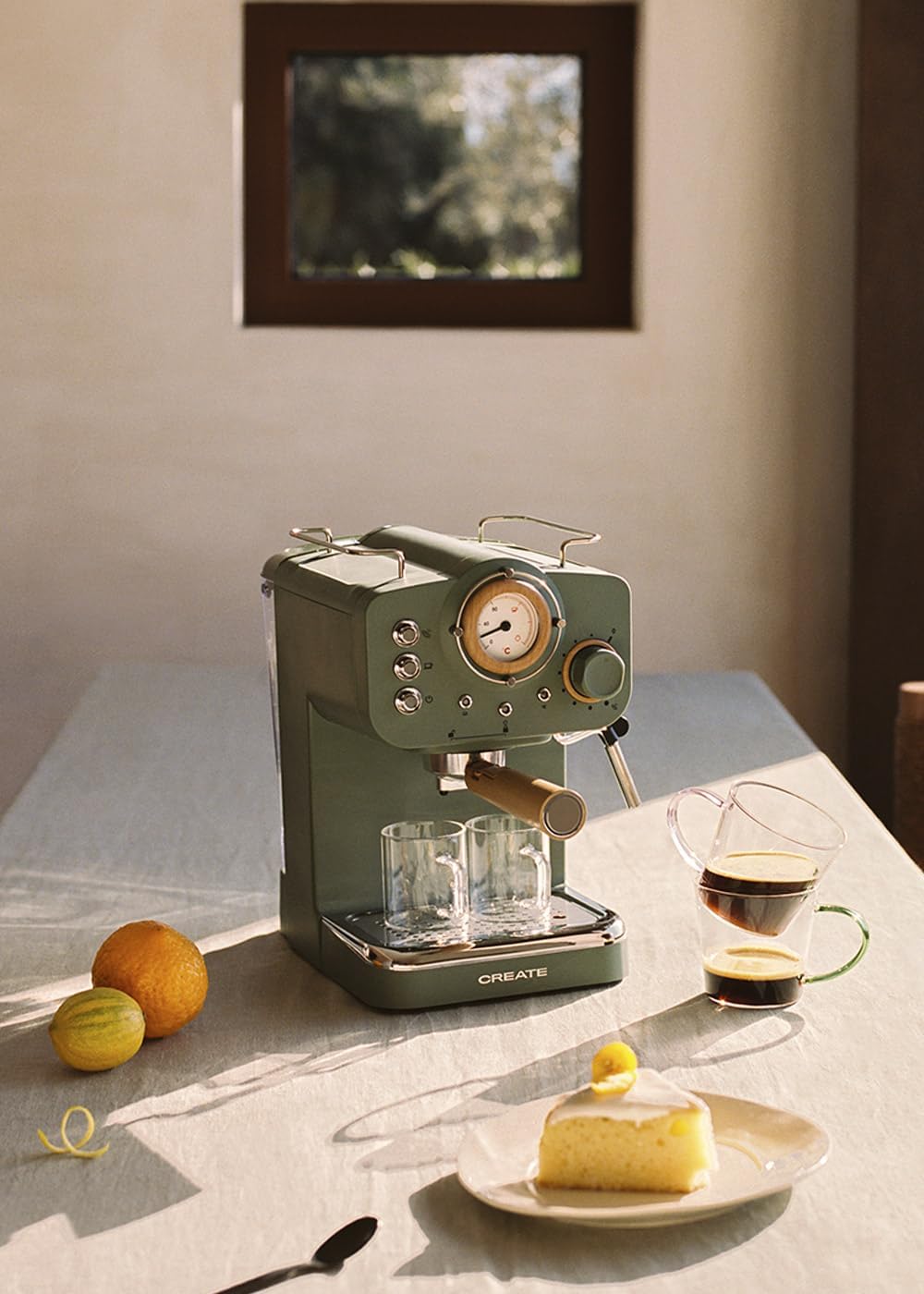 CREATE / THERA RETRO/Macchina da caffè espresso semiautomatica Rosa Pastello Opaco e Legno / Pompa a pressione 20bar, 1100W, Serbatoio acqua 1.25L, per caffè macinato, cialde ESE 55mm, con vaporizzatore, 1100W