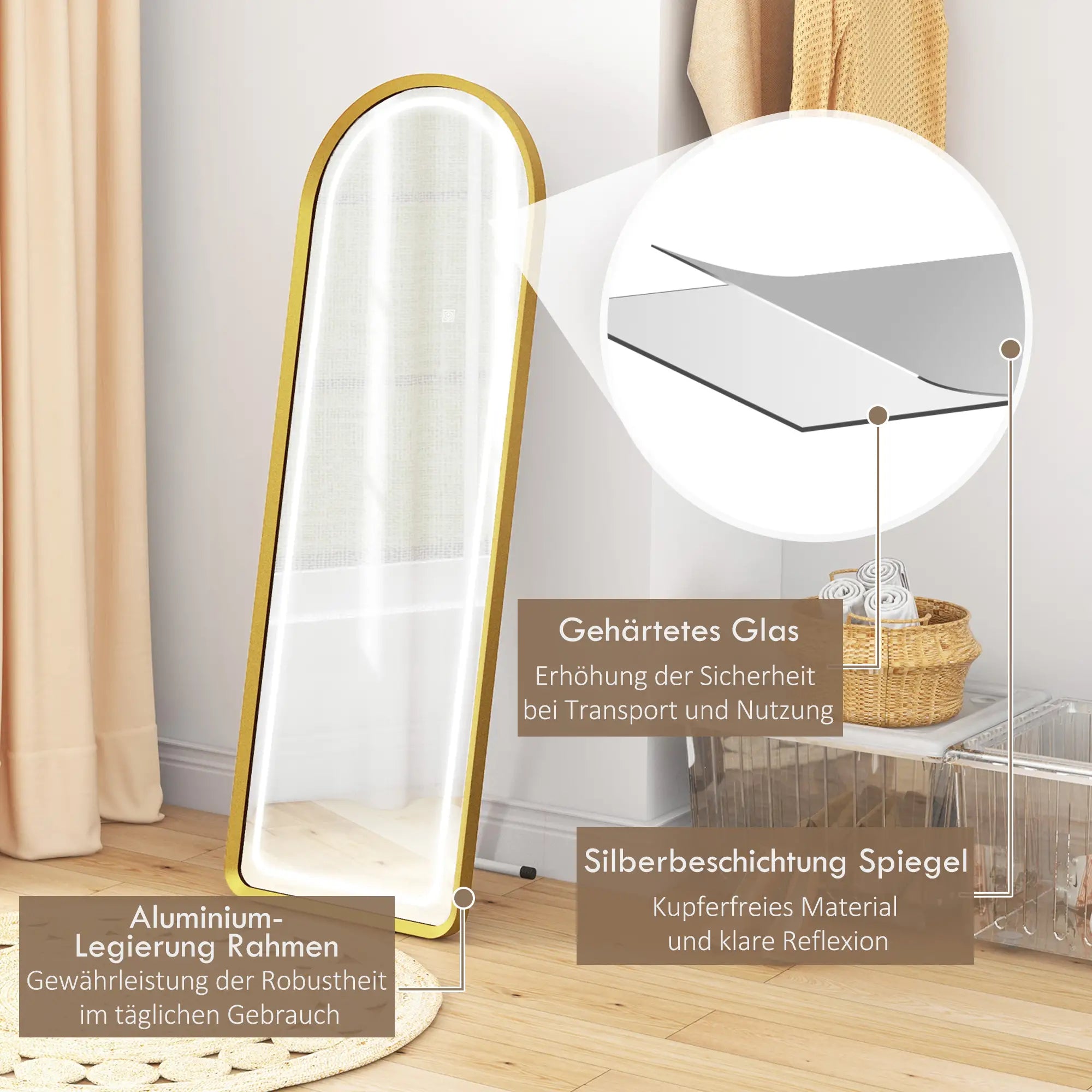 HOMCOM Standspiegel LED Touch dimmbar 3-in-1 Aluminium Gold
