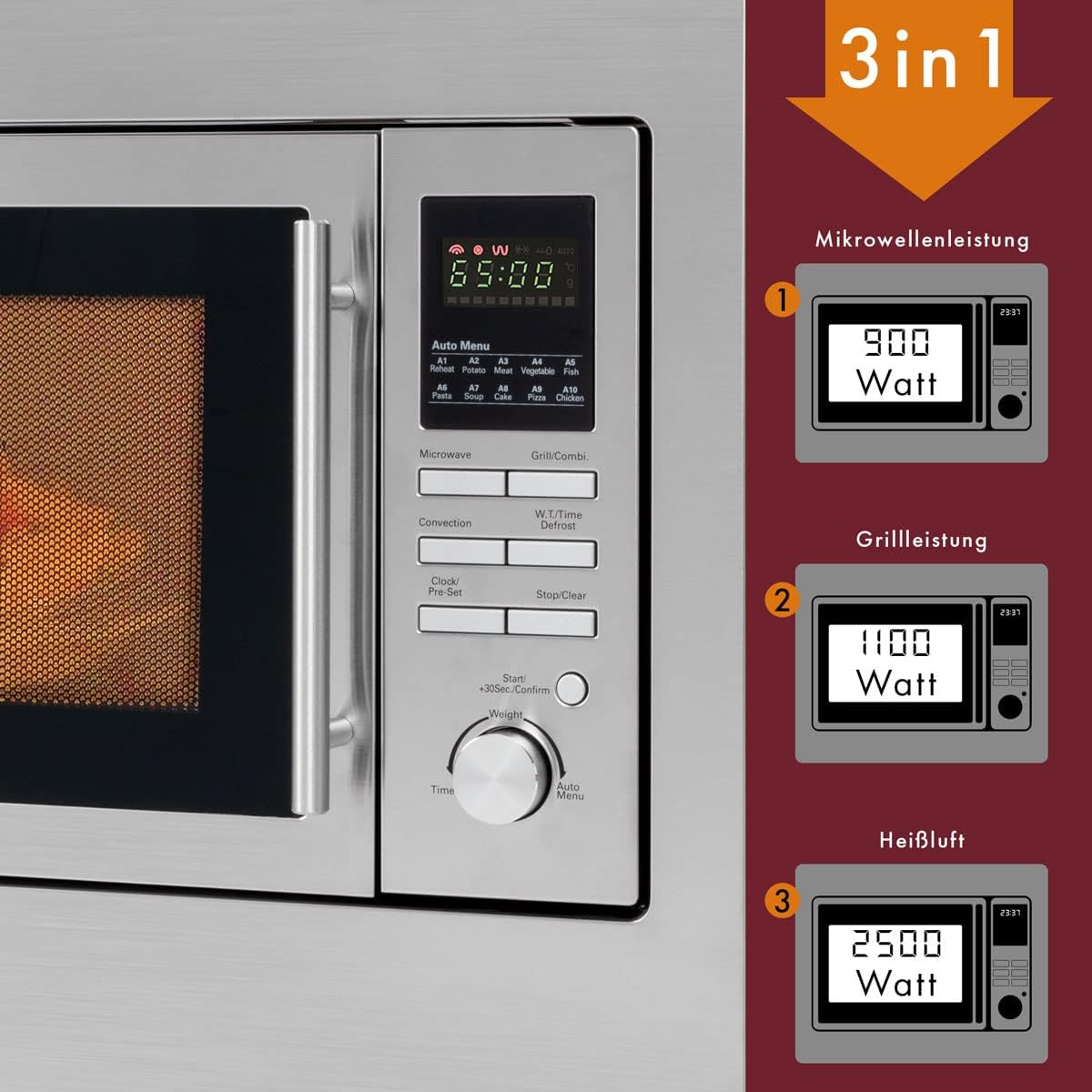 Bomann 3in1 Einbau-Mikrowelle mit Grill und Heiluft, Microwave, 25 L Garraum, 10 Automatikprogramme, Auftaufunktion, inkl. Grillrost und Drehteller ( 32 cm), 900 Watt, Edelstahl, MWG 2216 H EB