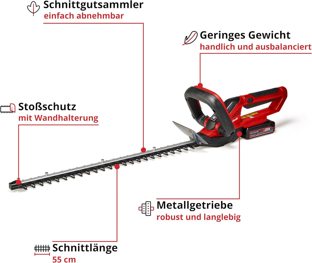 Einhell Tagliasiepi a batteria GC-CH 1855/1 Li-Solo Power X-Change (18 V, lunghezza di taglio 55 cm, distanza tra i denti 18 mm, con raccoglierba, senza batteria)