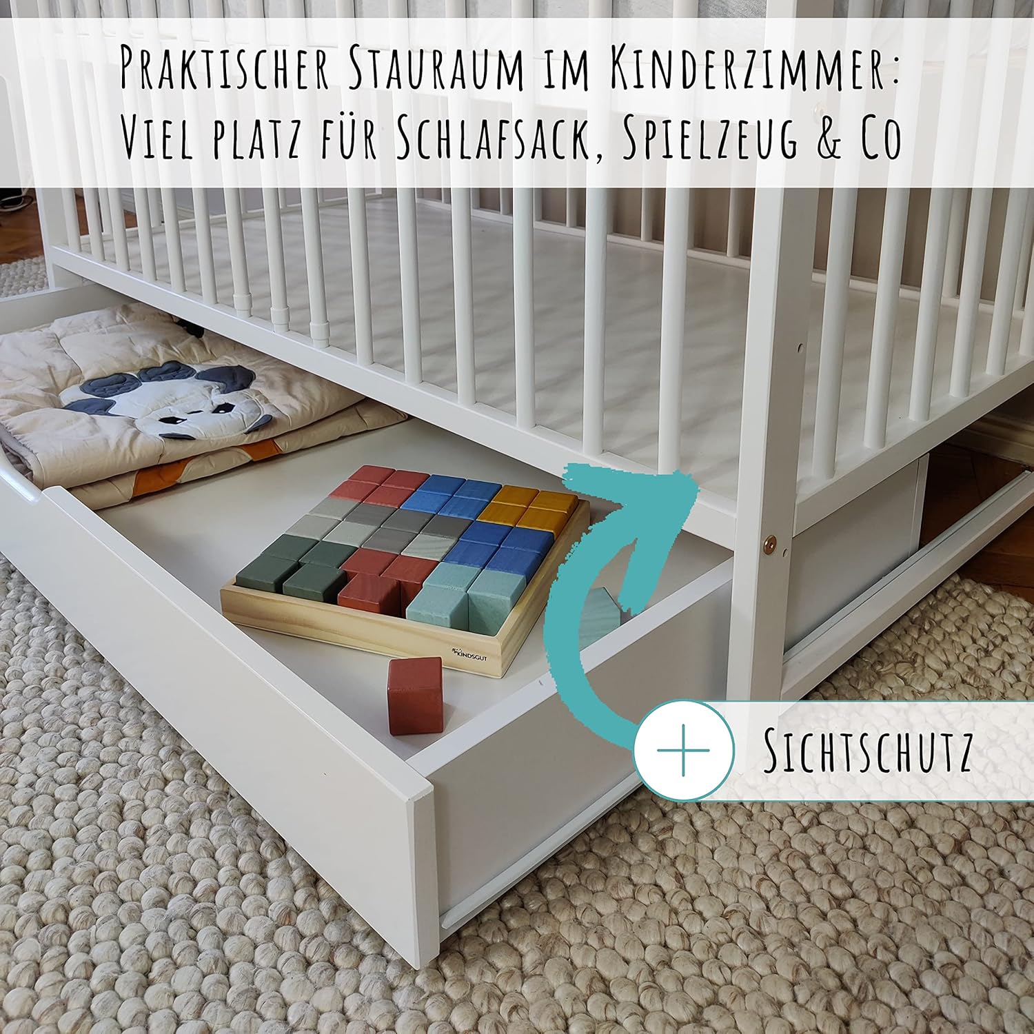 Kids Collective Babybett mit Schublade Kinderbett Gitterbett 60x120 höhenverstellbar & herausnehmbare Sprossen optional mit Matratze | Weiss sehr stabil Made in Europe