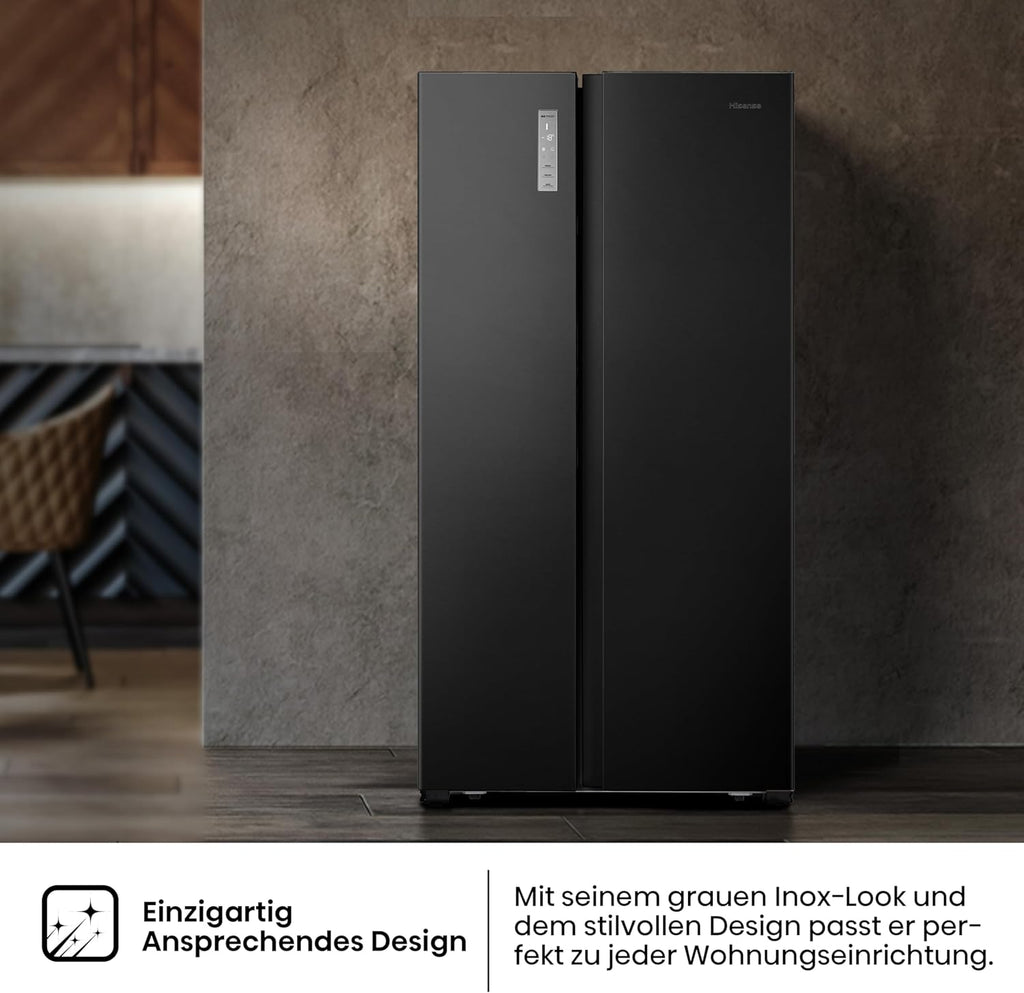 Hisense RS677N4BFD Frigorifero Americano Side by Side / Compressore Inverter / Porta Bottiglie / 2 FreshZone / Vano Verdure / Capacità Frigo 334 L / Capacità Congelatore 185 L / 41 dB / 247 kWh all'anno, Nero