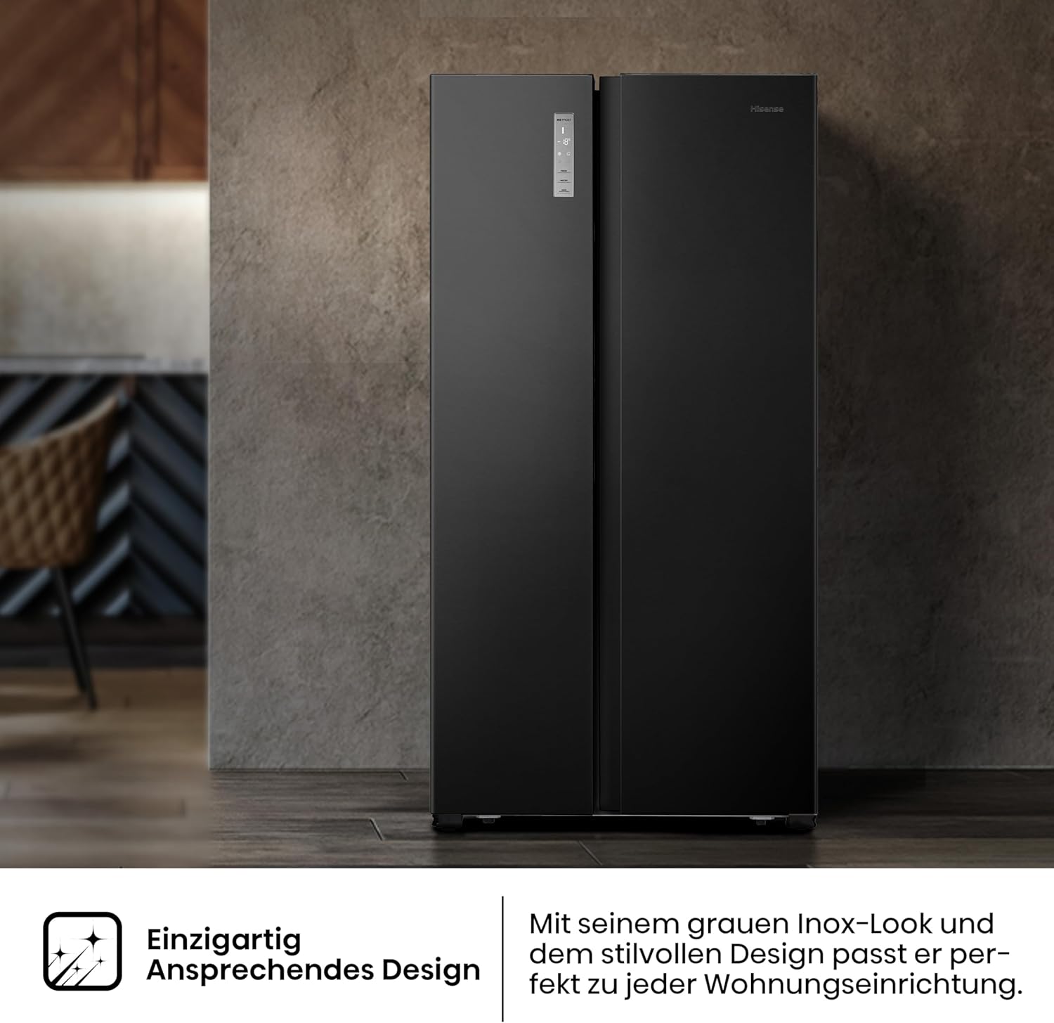 Hisense RS677N4BFD Frigorifero Americano Side by Side / Compressore Inverter / Porta Bottiglie / 2 FreshZone / Vano Verdure / Capacità Frigo 334 L / Capacità Congelatore 185 L / 41 dB / 247 kWh all'anno, Nero