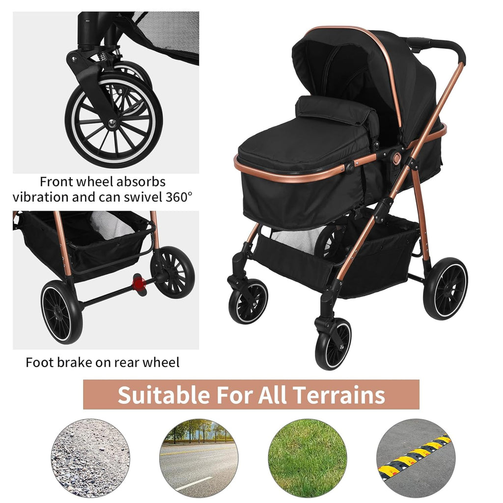 Vinteky 3 in1 Kinderwagen Buggy Kombikinderwagen Reisebuggy Komplett-Set inkl. Babywanne & Buggy Sportsitz & Auto-Babyschale Zusammenklappbar Shwarz