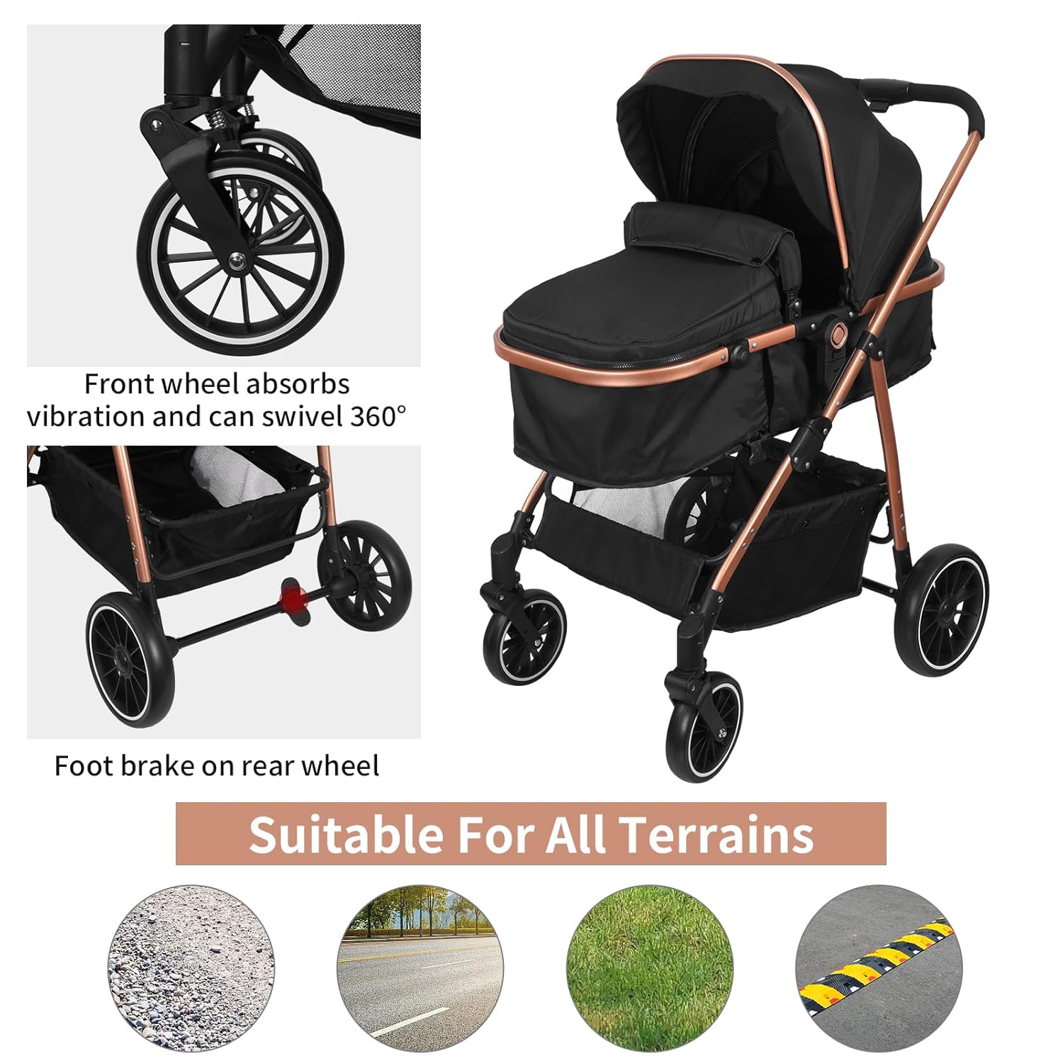 Vinteky 3 in1 Kinderwagen Buggy Kombikinderwagen Reisebuggy Komplett-Set inkl. Babywanne & Buggy Sportsitz & Auto-Babyschale Zusammenklappbar Shwarz