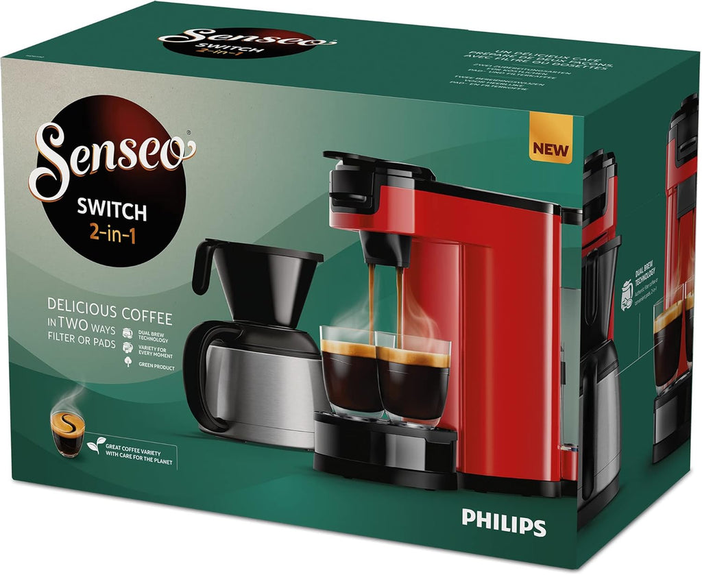 Philips Senseo Switch Macchina da caffè con cialde e filtro, Tecnologia di erogazione 2 in 1, Serbatoio dell'acqua da 1 litro, 7 tazze in un solo ciclo, Nero lucido (HD6592/64)