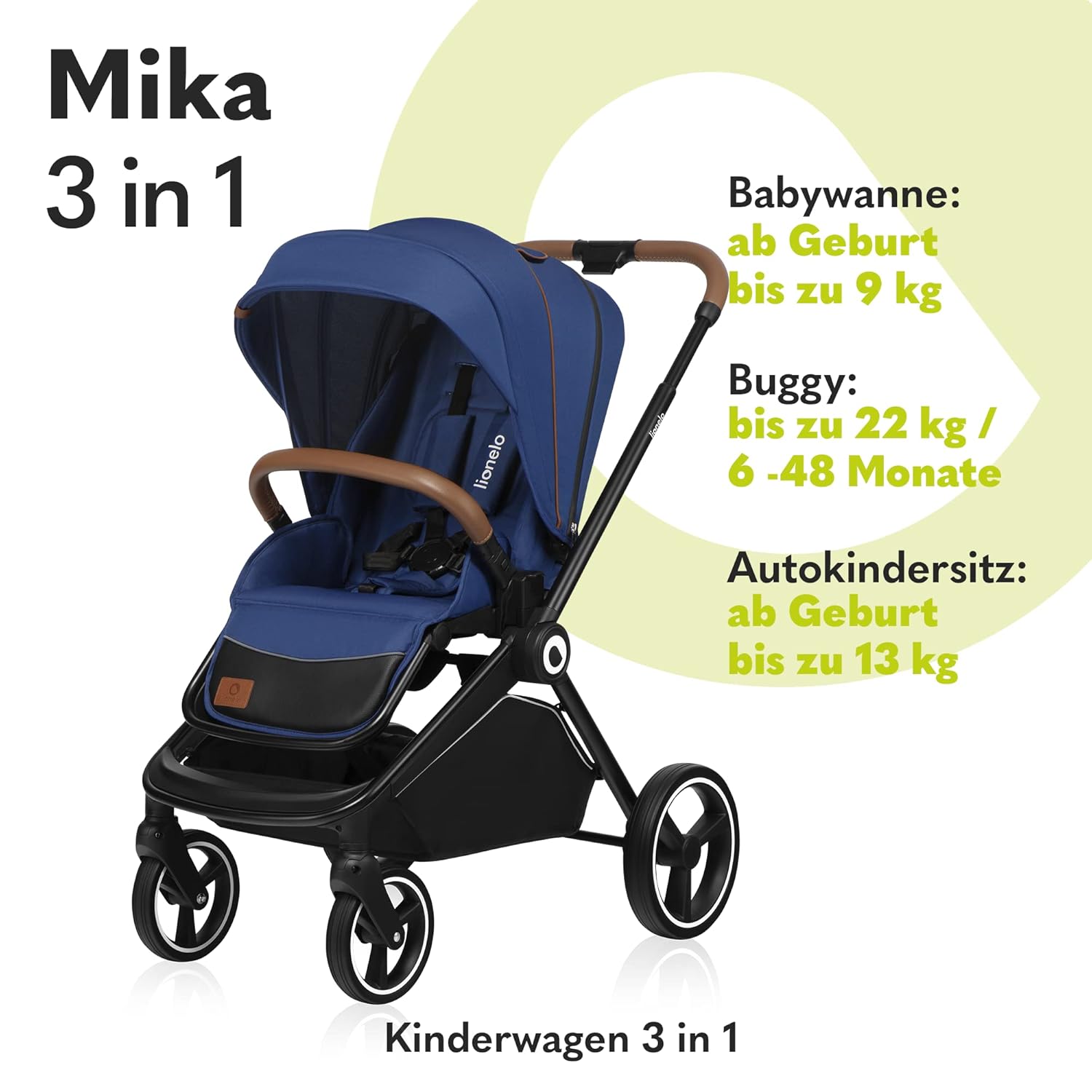 Passeggino LIONELO MIKA PLUS 3-in-1, da 0 a 48 mesi, fino a 22 kg, navicella fino a 9 kg, seggiolino auto fino a 13 kg, schienale regolabile, ammortizzazione, ruote a 360°, cappottina XXL