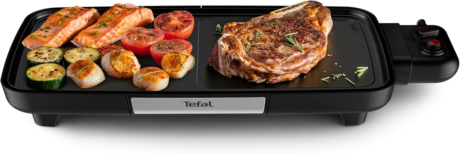 Tefal Maxi Plancha Elektro-Tischgrill CB690D, Extra groß, Antihaft Teppanyaki Platte, Leichte Reinigung, Innen und außen nutzbar, Inkl. abnehmbarem Windschutz + Spatel, 2300W, Schwarz/Silber