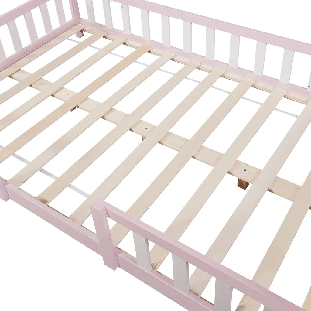 [en.casa] Letto per bambini Sisimiut a capanna 80 x 160 cm con protezione anticaduta letto in legno per bambini letto a terra rete a doghe in legno di pino Bianco opaco
