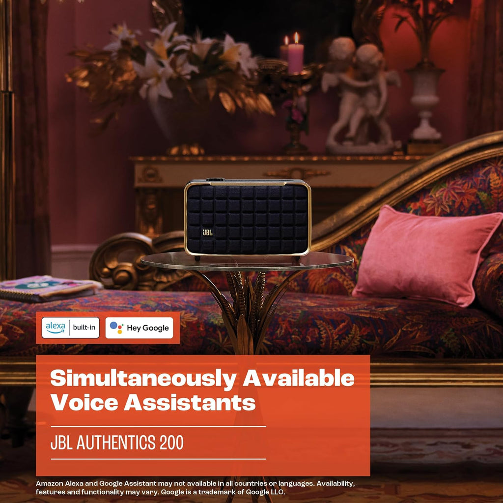 JBL Authentics 200 Smart Home Altoparlante – Cassa Bluetooth dal design retrò anni '70 – Con griglia Quadrex, Google Assistant, Alexa, AirPlay e JBL One App – Nero