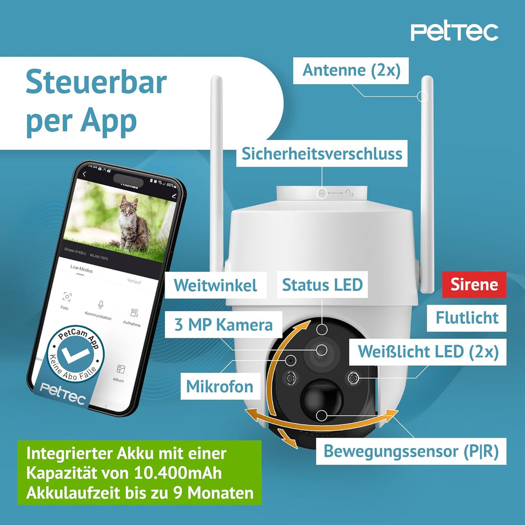 PetTec – Pet Cam Buddy Haustierkamera Futterautomat 8L für Katzen- & Hunde-Trockenfutter – Automatischer Futterspender mit WLAN & App-Steuerung -Inkl. 2-Wege-Audio, Bellerkennung & Nachtsicht