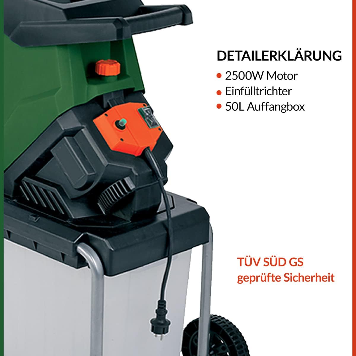 Gardebruk® Gartenhäcksler 3100 W max. 40 mm Aststärke Elektrisch 50 L Robuste Auffangbox Messerhäcksler Schredder Holz