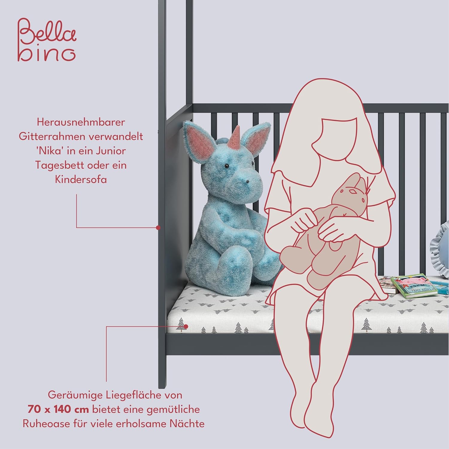 Bellabino Nika Lettino a capanna 70 x 140 cm, letto con sbarre e lettino a capanna per bambini e neonati in pino massiccio bianco, regolabile in altezza su 3 posizioni, incl. rete a doghe