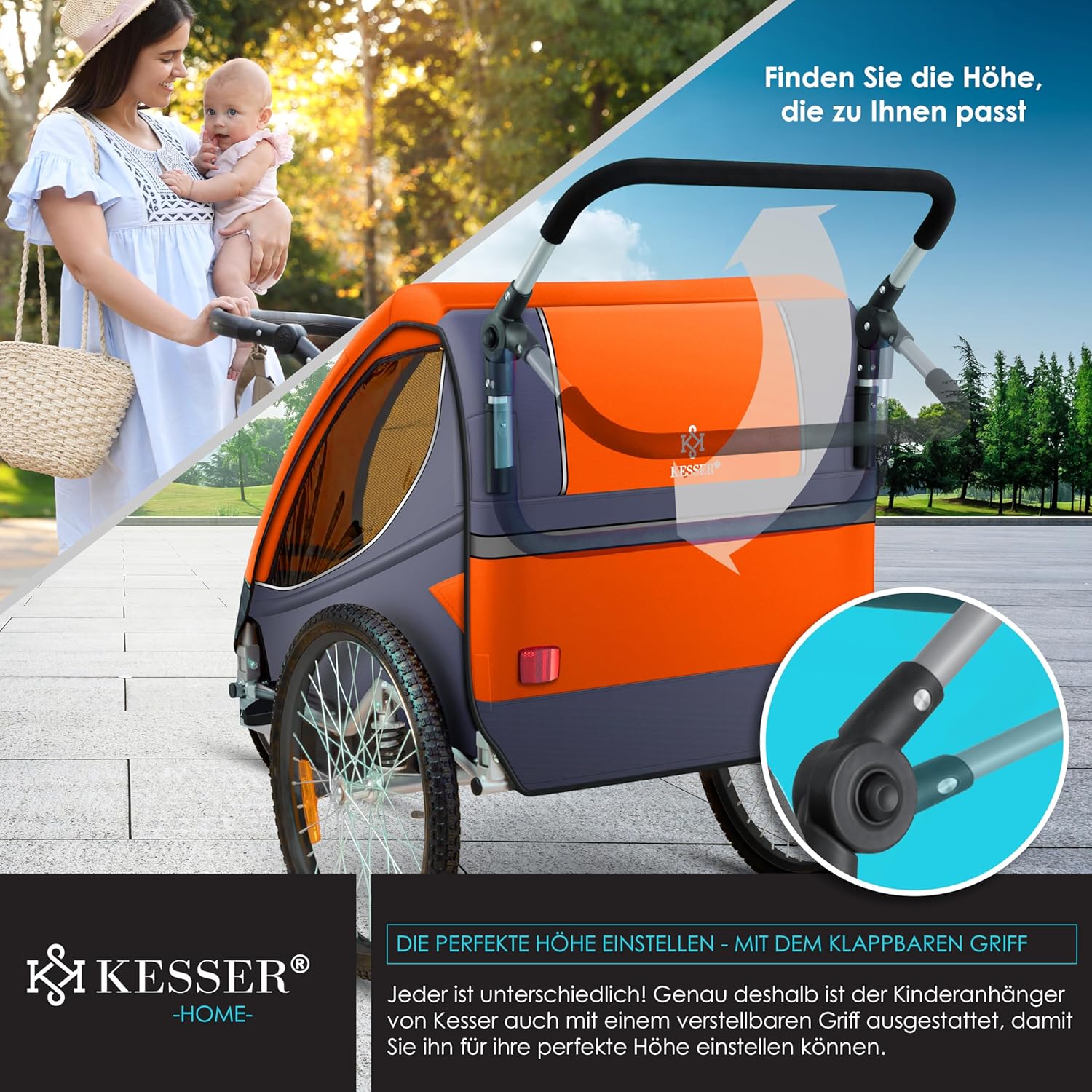 KESSER® Kinderanhänger Fahrradanhänger 360° Drehbar mit Federung 2in1 Joggerfunktion Kinderfahrradanhänger + 5-Punkt Gurt Jogger Fahrrad Anhänger für 1 bis 2 Kinder max. 40kg Inkl. Warnfahne Hellgrau