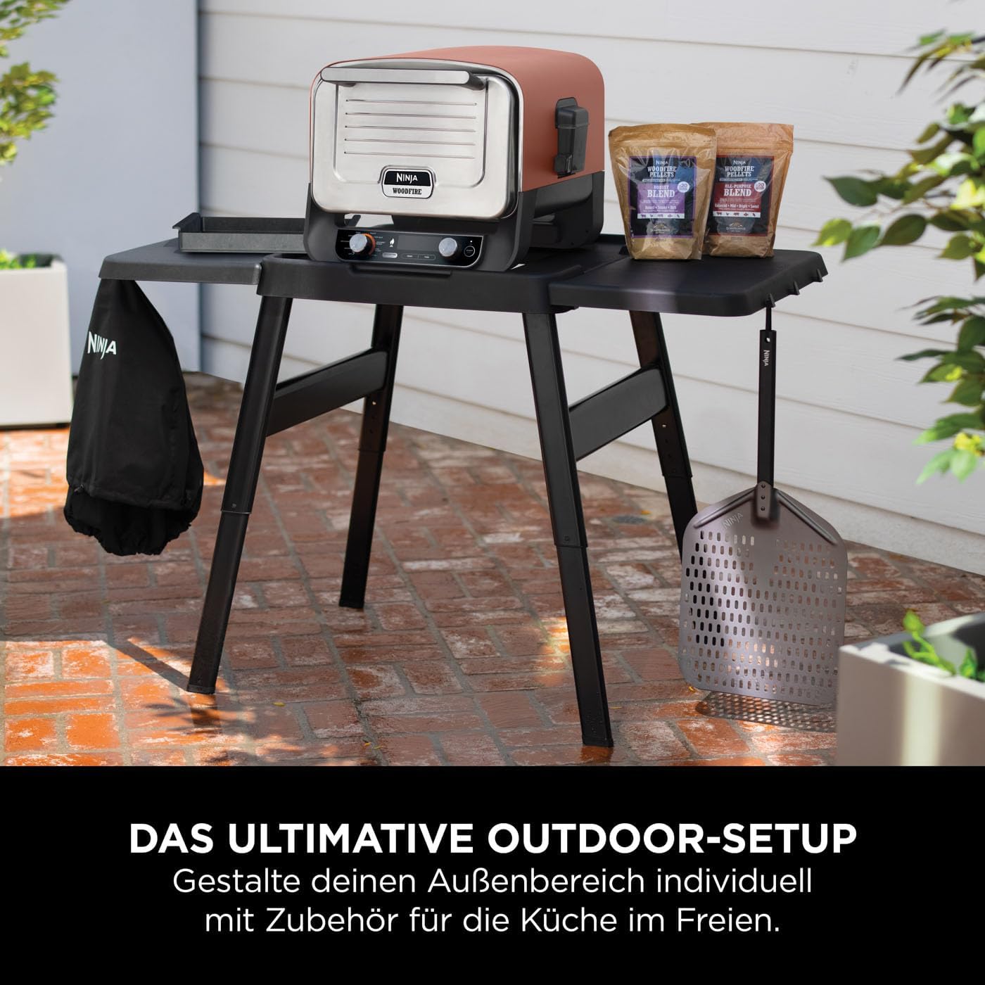 Ninja Woodfire verstellbarer Ständer und Beistelltisch, Außenofen- und Grillständer, robuster Outdoor-Kochtisch und Pizzaofenständer, Schwarz 4718J800EUUK