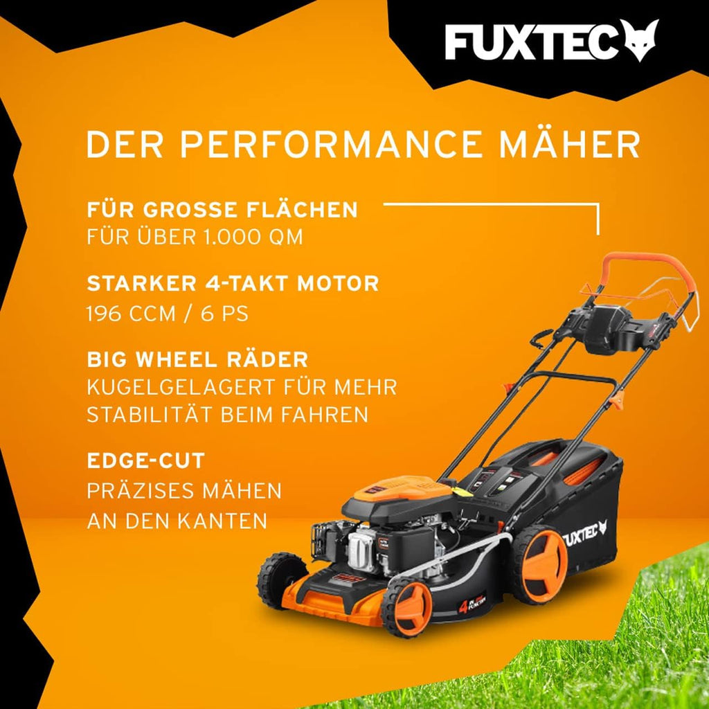FUXTEC Tosaerba a Benzina 4in1 FX-RM5196eSPRO con Avviamento Elettrico e Trazione Regolabile, Rasaerba con Paraurti Anteriore, Larghezza di Taglio 51 cm, Ruote Big Wheel con Cuscinetti a Sfera, Cesto Raccoglierba da 60L