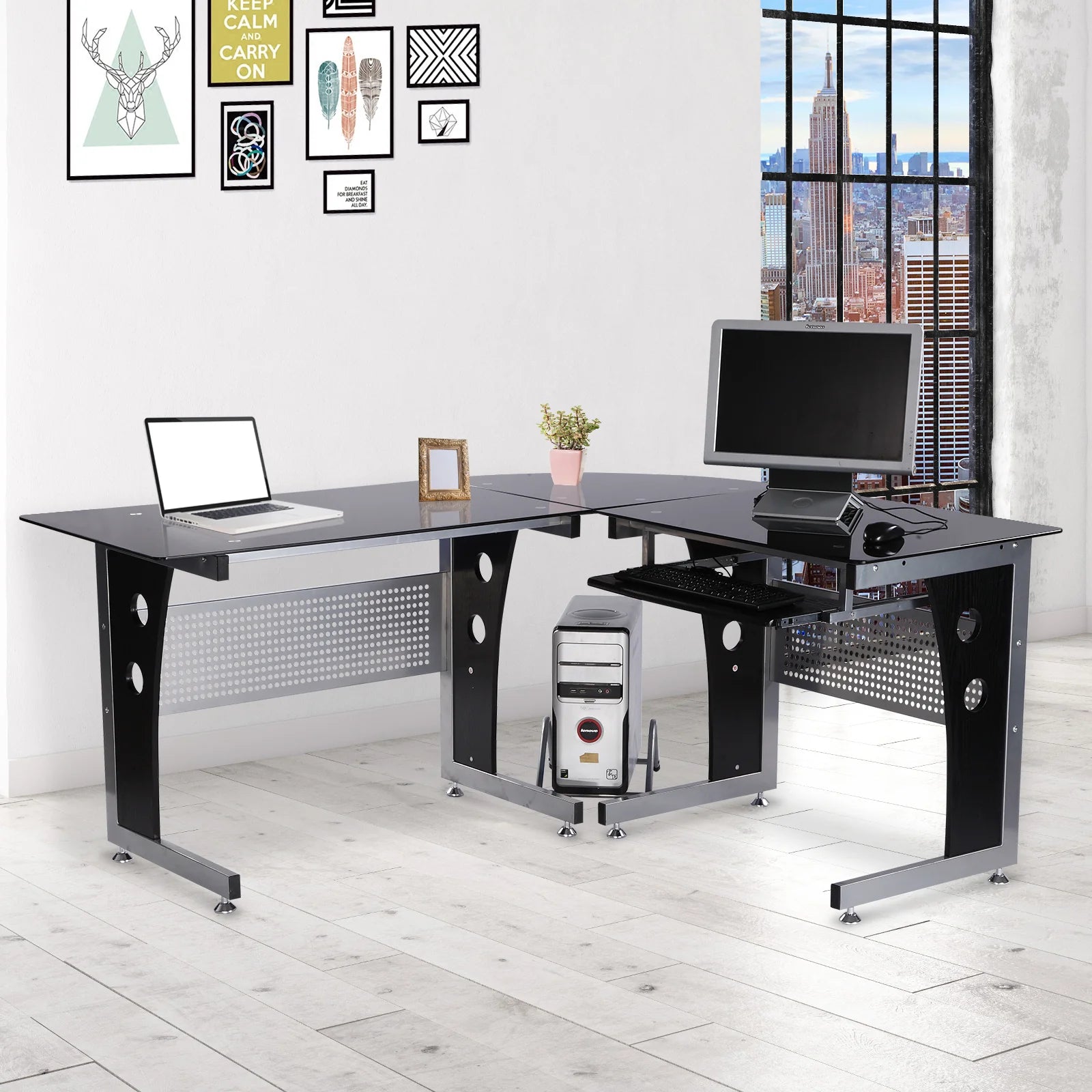 HOMCOM Scrivania angolare a L con vassoio per tastiera e supporto per PC tower