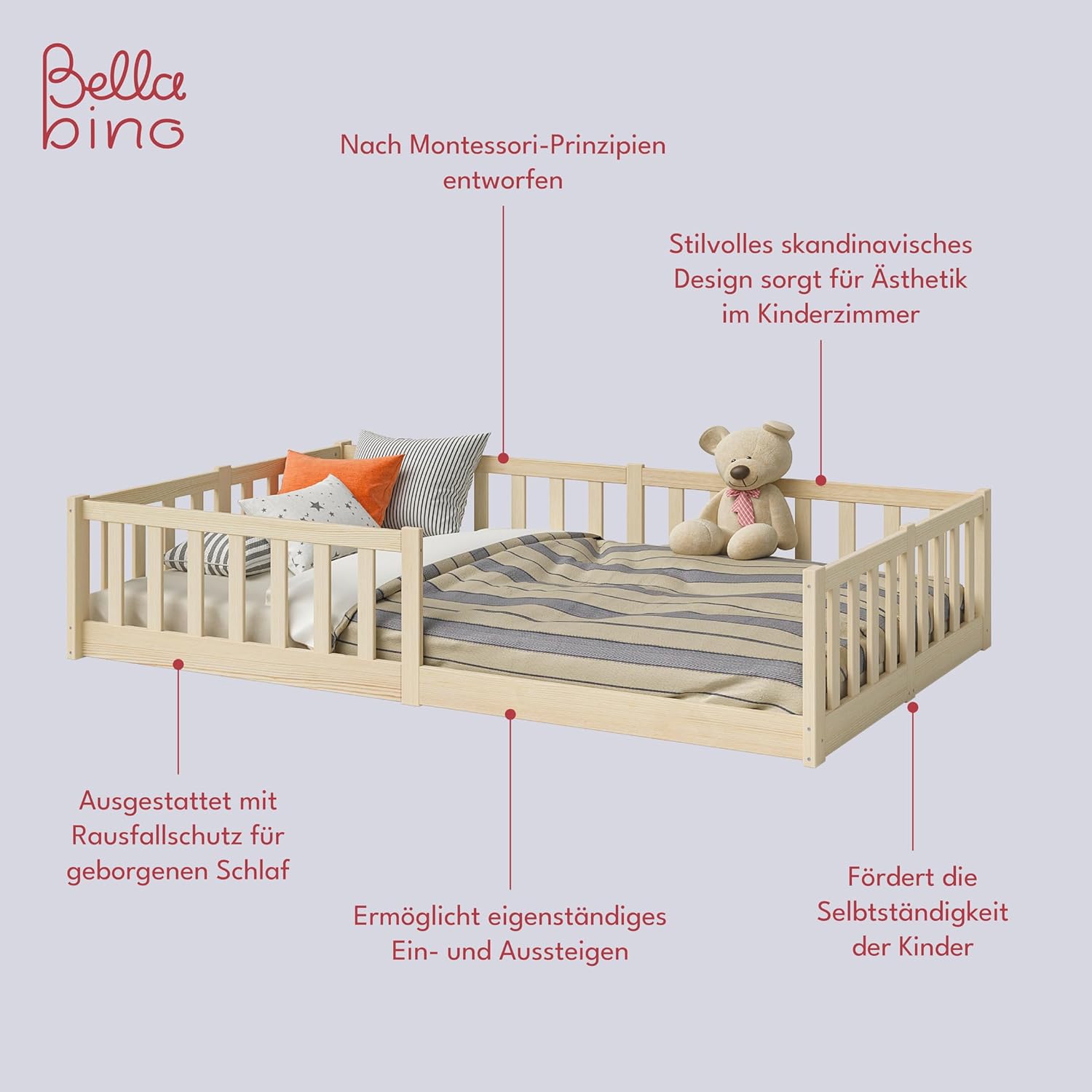 Bellabino Vere Letto a Pavimento 140x200 Montessori, Letto Matrimoniale con Protezione Anticaduta e Rete a Doghe, Letto per Bambini e Bambine in Legno Massello di Pino Bianco con Sbarre